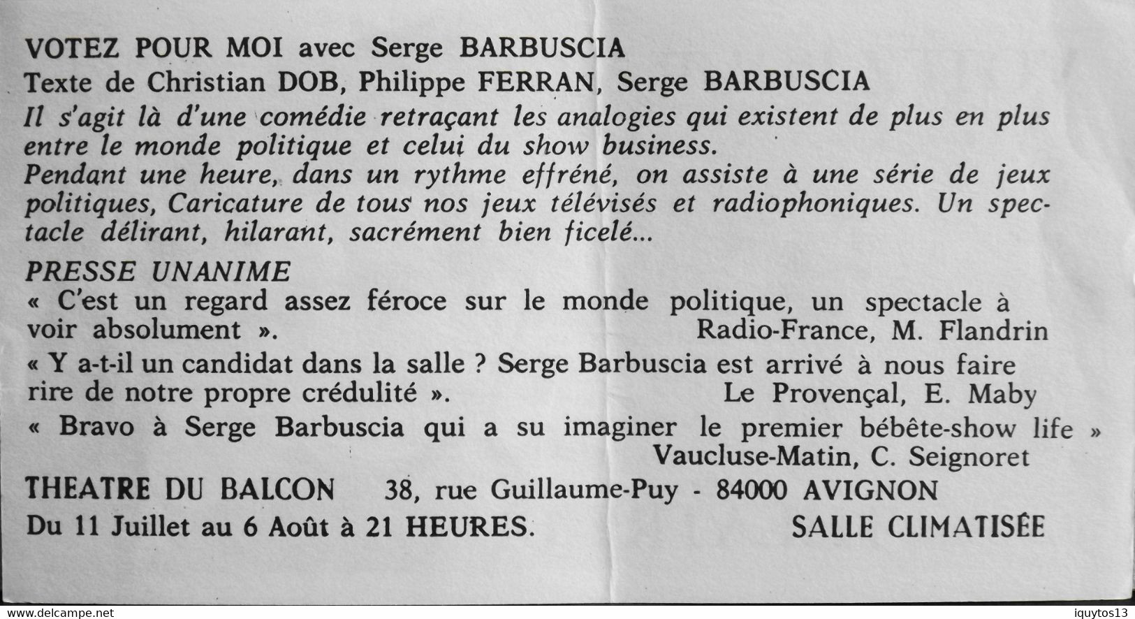 France - Billet Fantaisie " Votez Pour Moi / Théatre Du Balcon à Avignon " - BE - Specimen