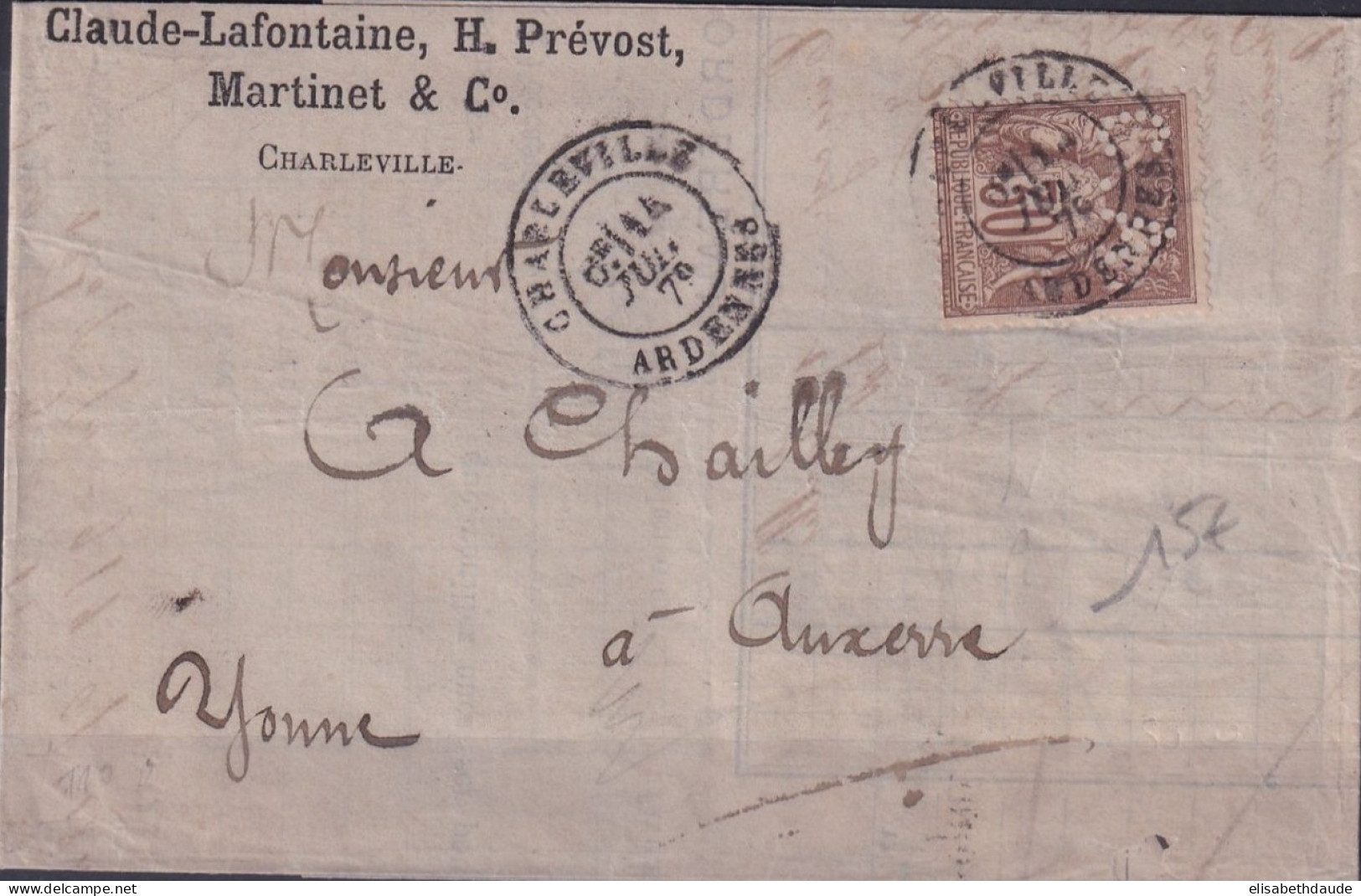 1879 - PERFORE "C.A" Sur 30c SAGE N/B ! - LETTRE De LAFONTAINE à CHARLEVILLE (ARDENNES) => AUXERRE - Storia Postale