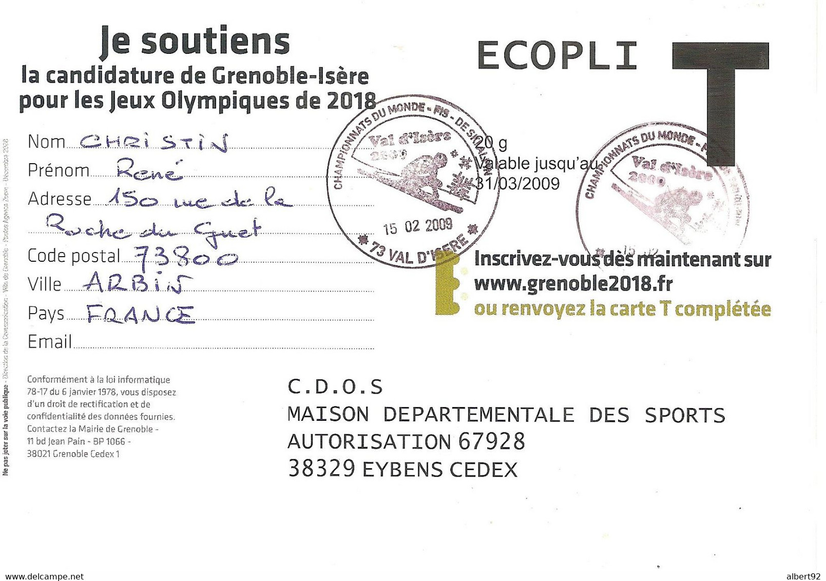 2009 Candidature De Grenoble Aux Jeux Olympiques D'Hiver De 2018: Entier Postal - Hiver 2018 : Pyeongchang