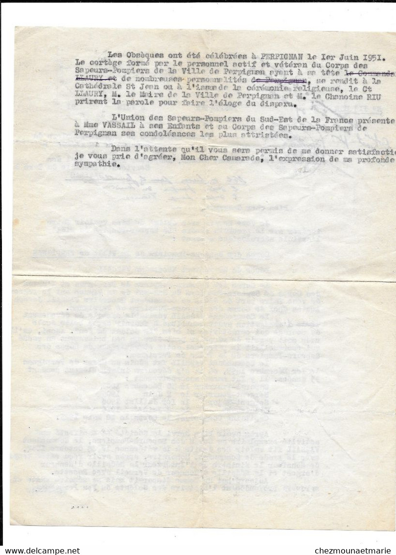 SAPEURS POMPIERS PERPIGNAN 1951 COMMANDANT SICARD GAILLAC SUR LE DECES DU CDT VASSAIL - Brandweer