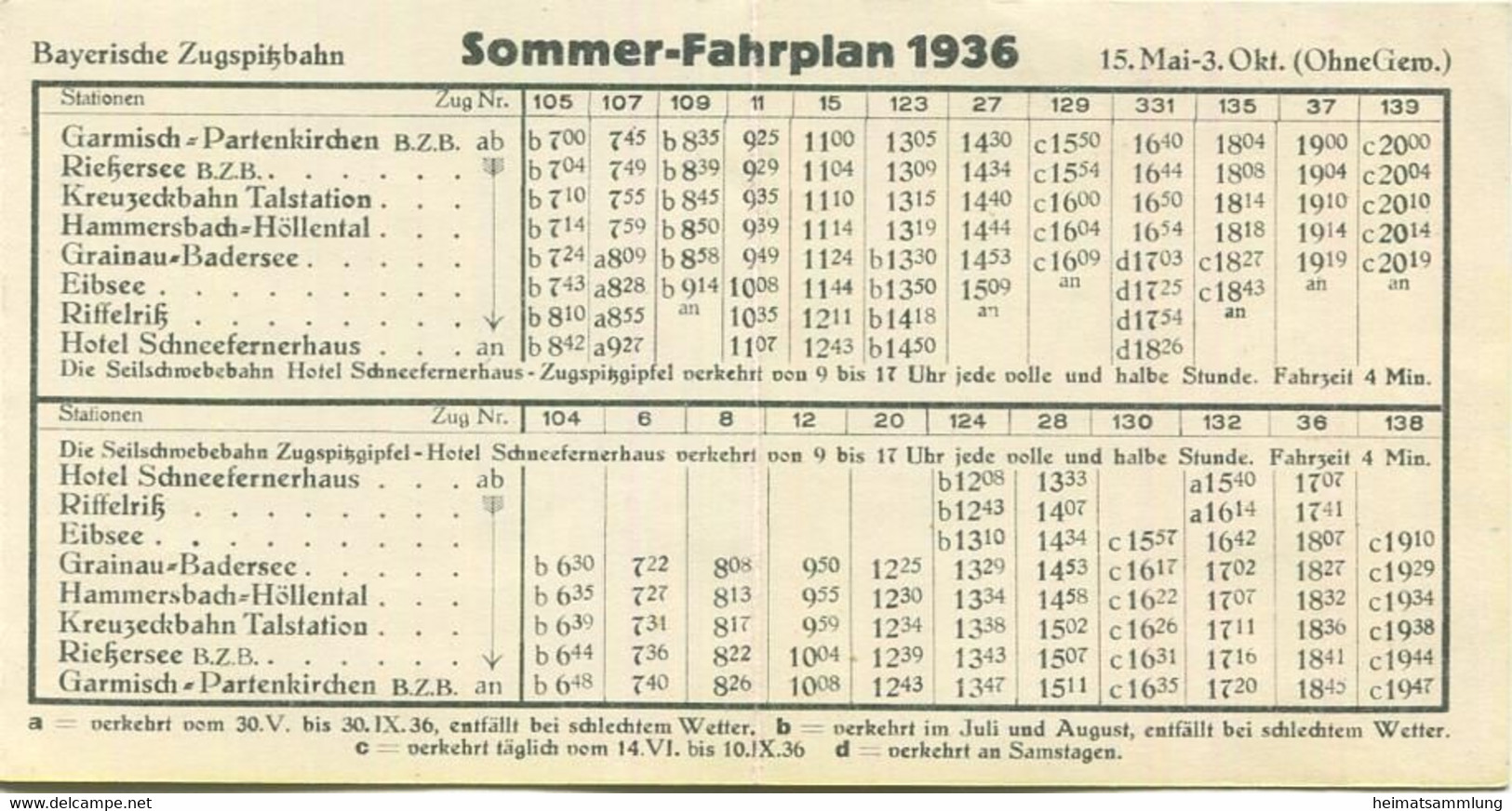 Deutschland - Bayerische Zugspitzbahn - Sommer Fahrplan 1936 - Faltblatt 8cm X 16cm - Europa