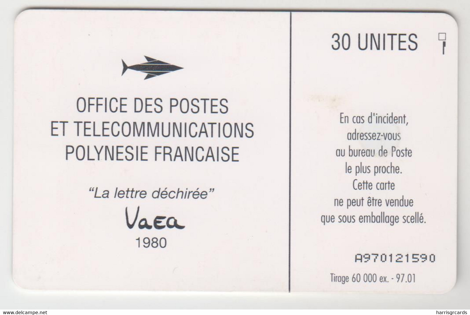 FRENCH POLYNESIA - La Lettre Déchirée, Vaea - 1980, GEM1A (Not Symmetric White/Gold), 30 U, Tirage 60.000, 01/97, Used - Polynésie Française