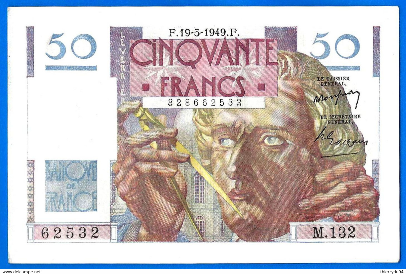 France 50 Francs 1949 19 Mai Prefixe M 132 Le Verrier Que Prix + Port Billet 19 05 1949 Frcs Frc Paypal Bitcoin OK - 50 F 1946-1951 ''Le Verrier''