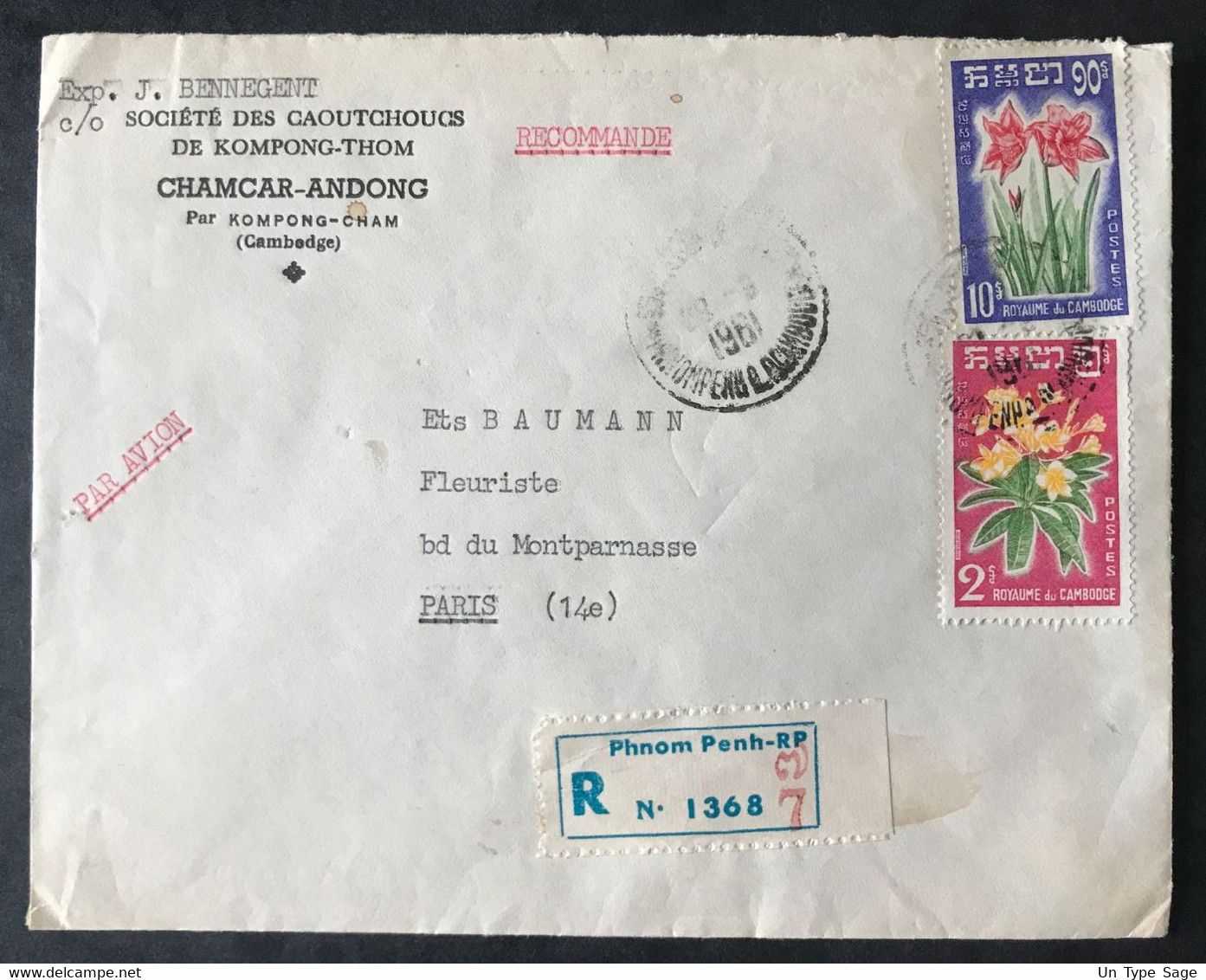 Cambodge N°104 Et 106 Sur Enveloppe Recommandé 28.9.1961 Pour Paris - (B3117) - Kambodscha