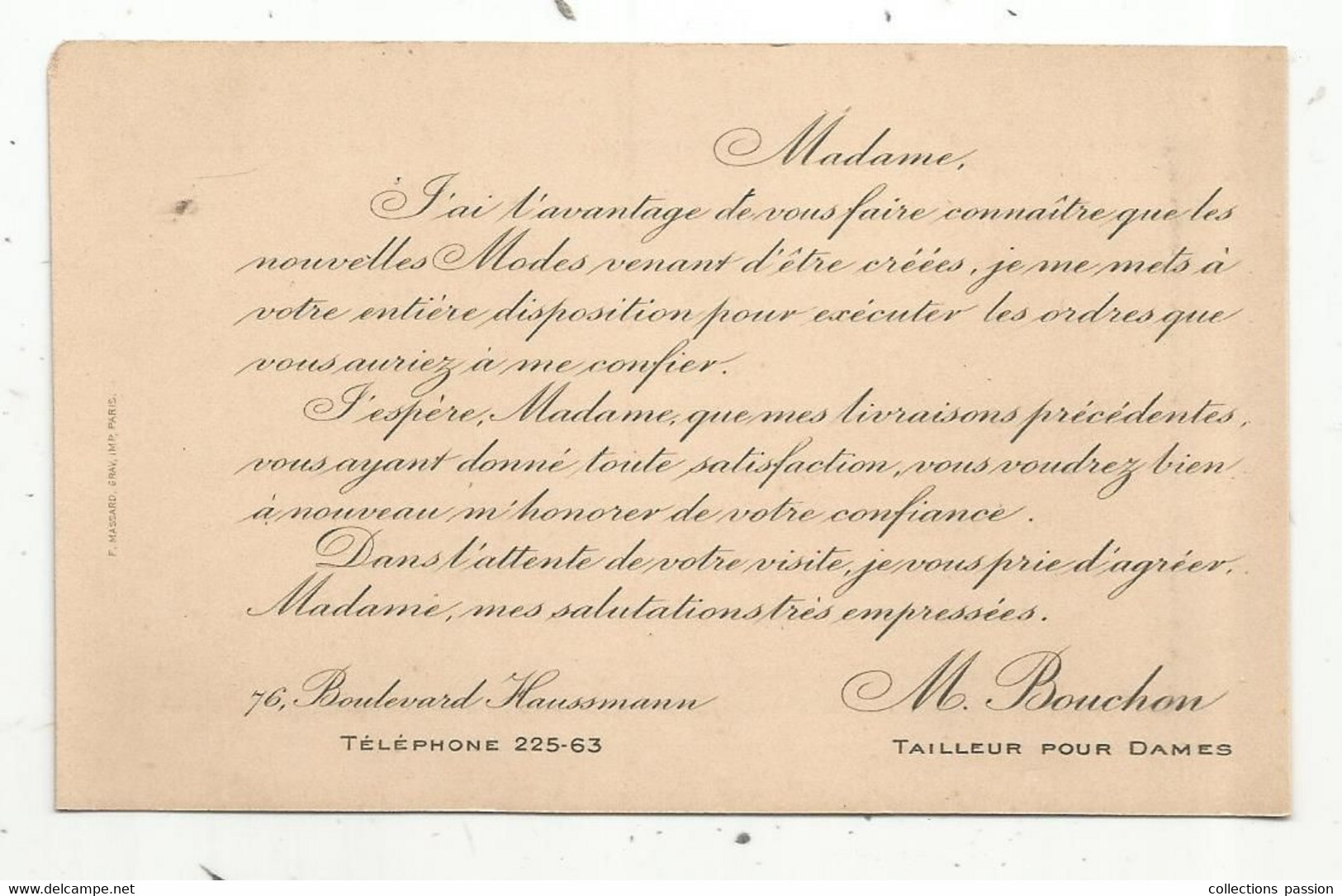 Carte De Visite , M. Bouchon ,tailleur Pour Dames , 76 Boulevard Haussmann , Paris - Visitekaartjes