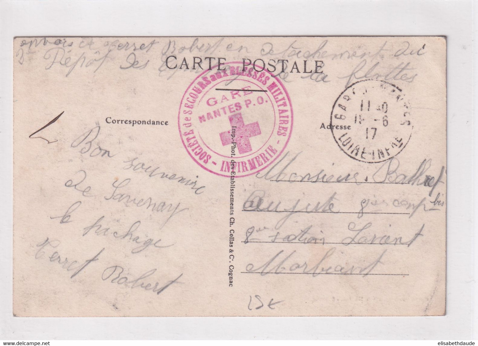 1917 - CROIX-ROUGE - CP FM D'un MARIN DETACHE à SAVENAY - SECOURS BLESSES MILITAIRES GARE De NANTES (LOIRE INFERIEURE) - Croix Rouge