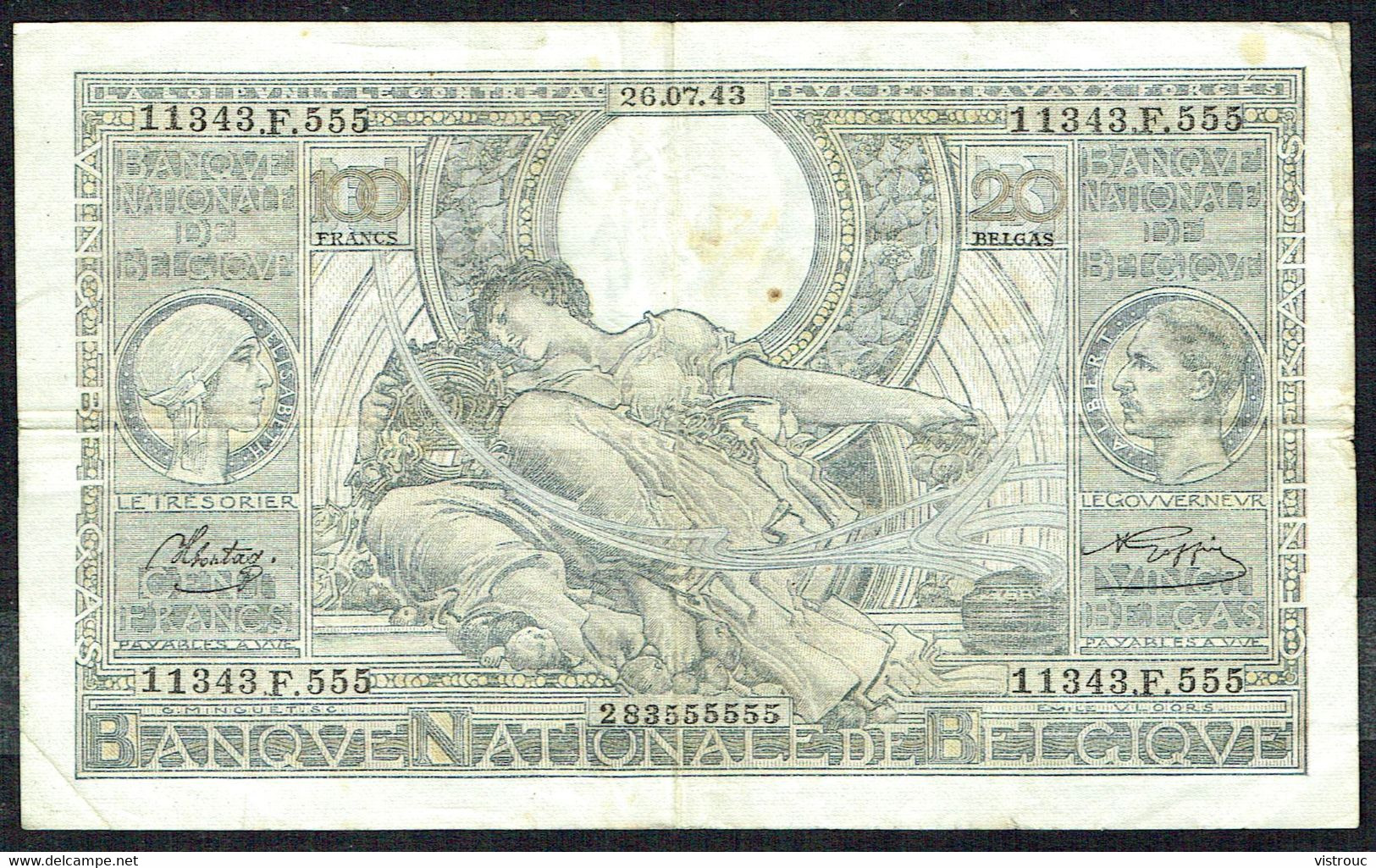 BELGIQUE - 100 Francs / 20 BELGAS - 26/07/1943 - N° 11343.F.555 - 100 Francos & 100 Francos-20 Belgas