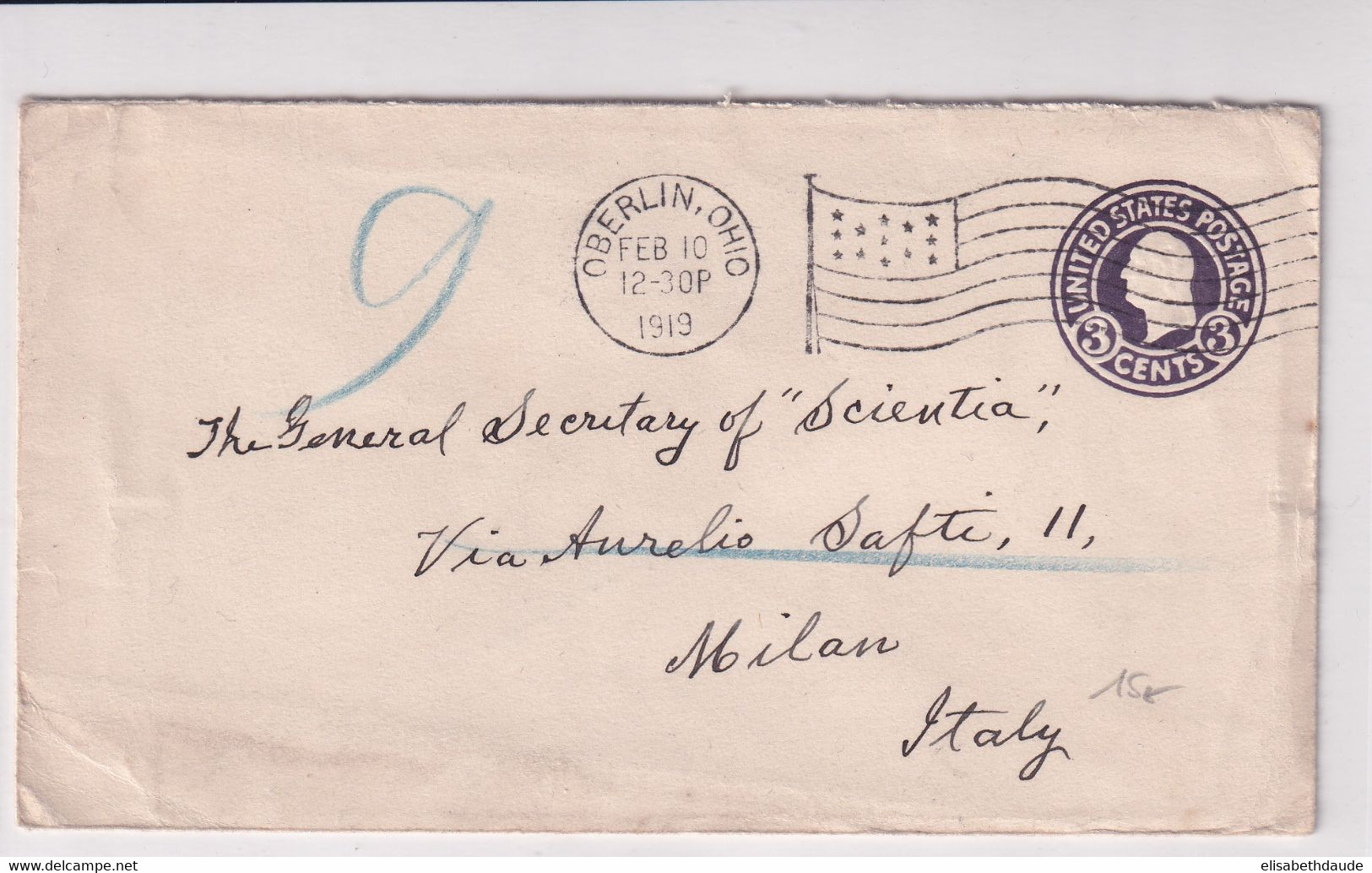 USA - 1919 - ENVELOPPE ENTIER Avec MECA DRAPEAU De OBERLIN (OHIO) => MILAN (ITALY) - FLAG - Postal History