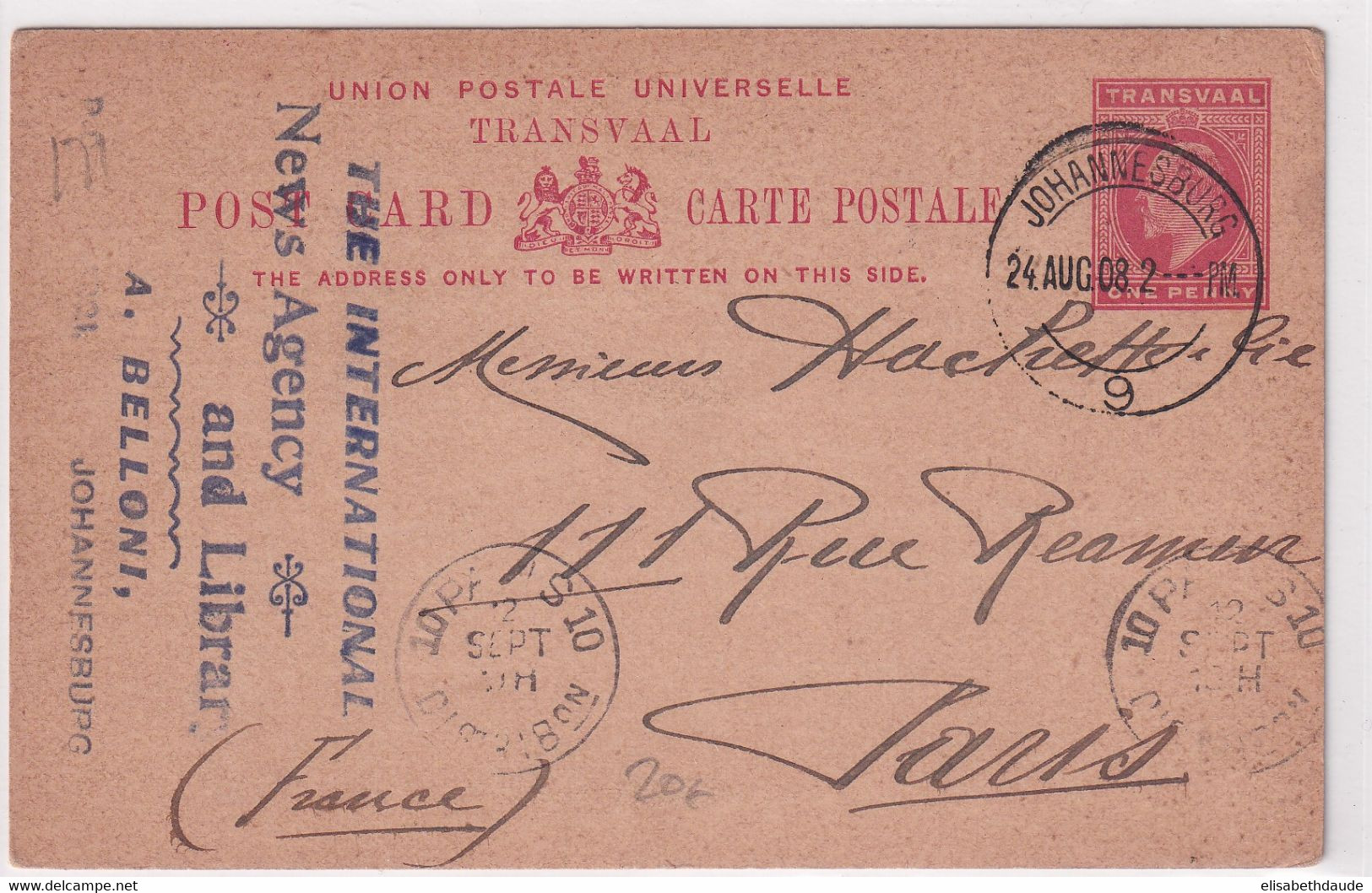 TRANSVAAL - 1908 - CARTE ENTIER De JOHANNESBURG => PARIS - Transvaal (1870-1909)