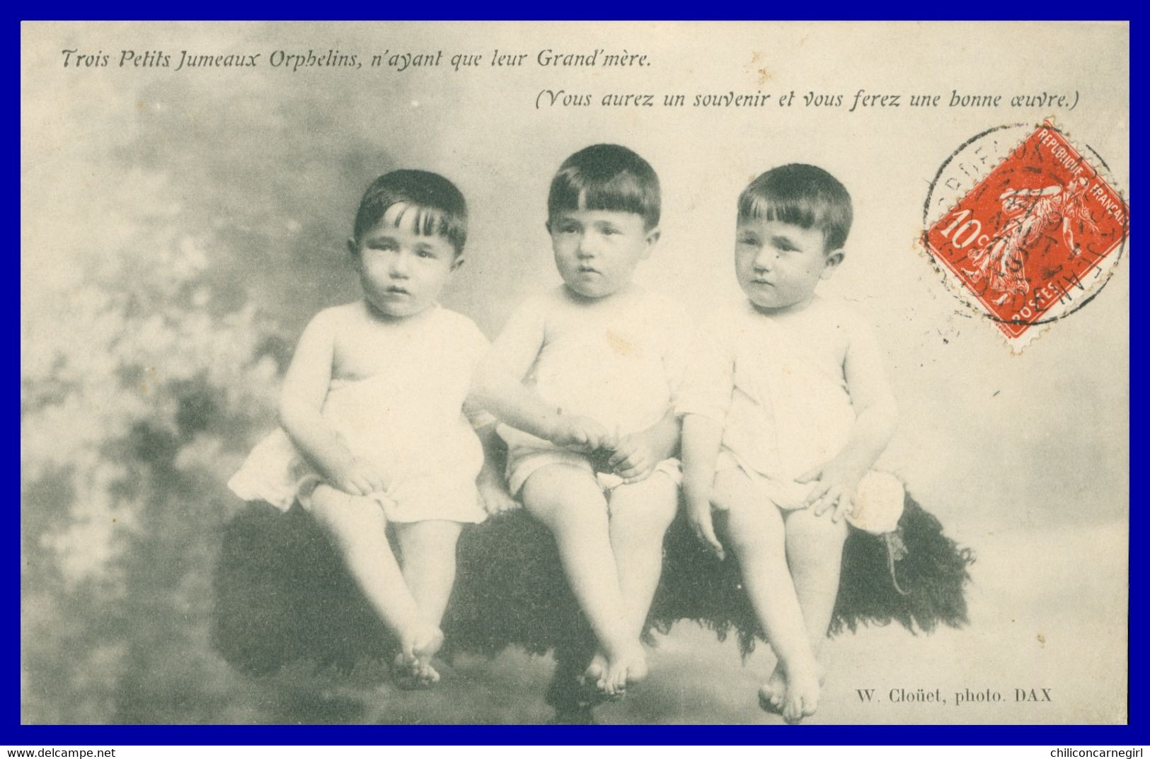 Trois Petits Jumeaux Orphelins N'ayant Que Leur Grand'mère - Triplés - 3 Enfants - Bébés - Photo CLOUET - 1909 - Inconnu - Groupes D'enfants & Familles