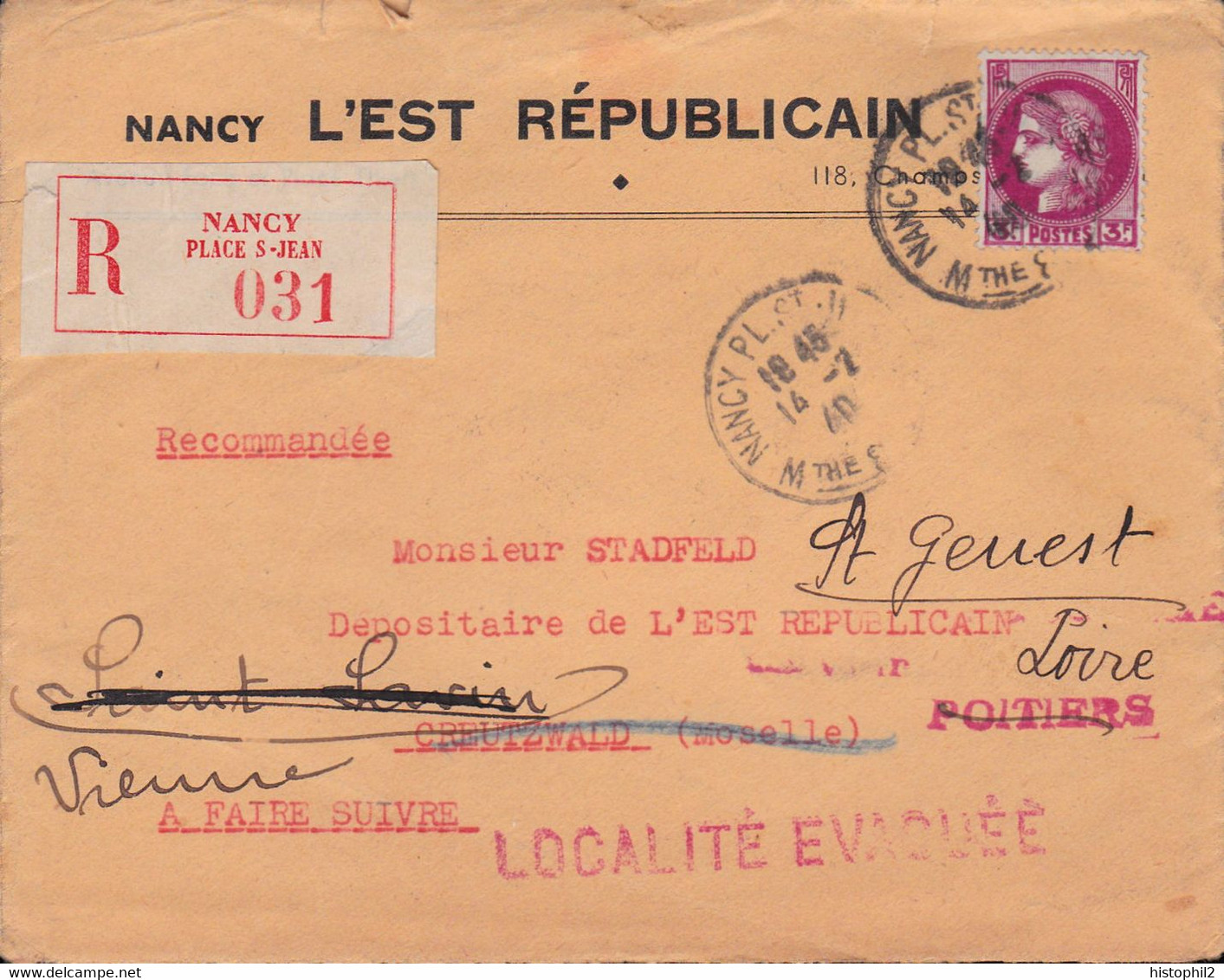 3F Cérès Seul Sur LR Nancy 14 2 1940 Pour Creutzwald Réexpédiée Dans La Vienne Suite à 'Localité évacuée' (griffe Rare) - 2. Weltkrieg 1939-1945