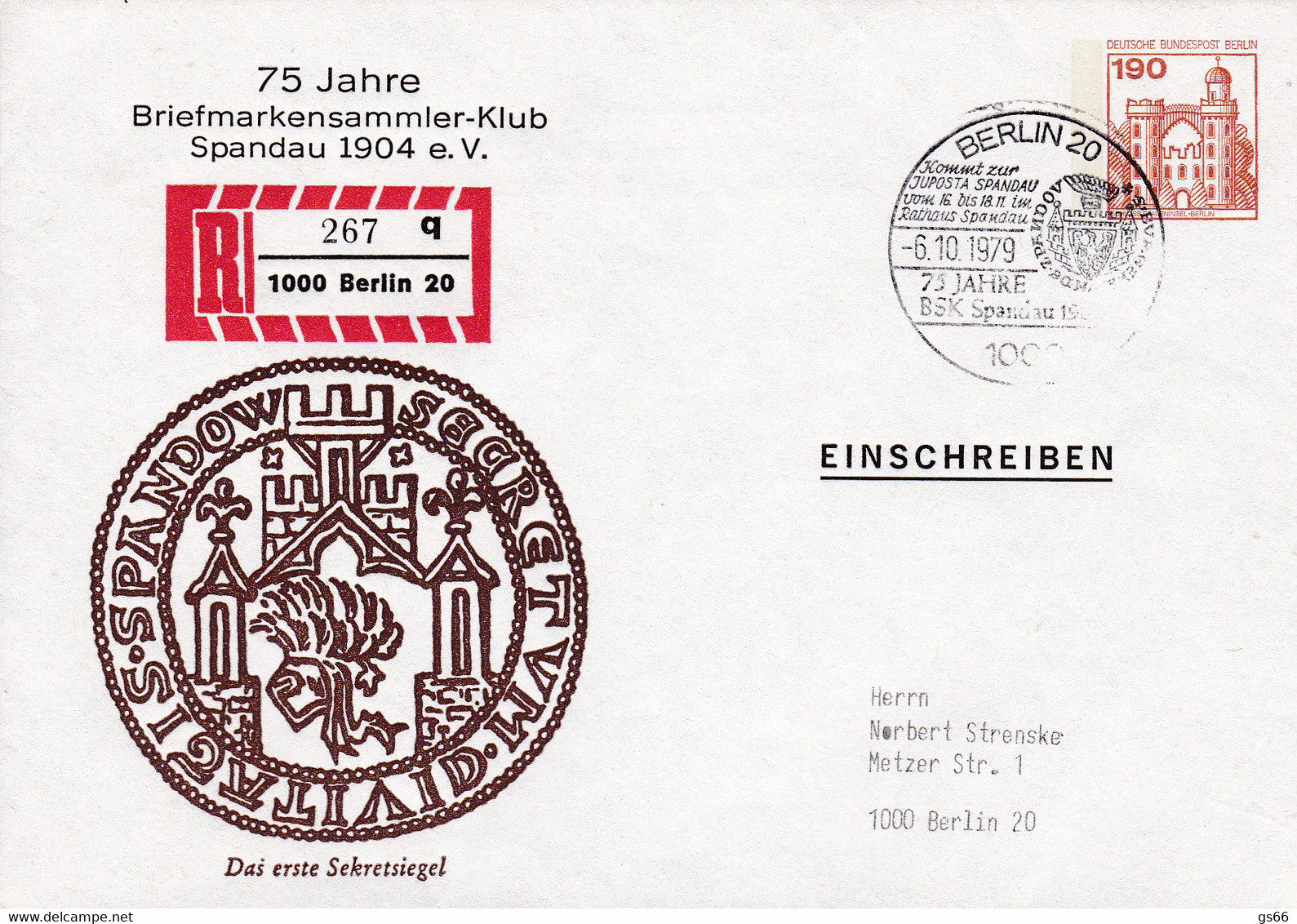 Berlin, PU 080 2/001, Briefmarkensammler-Klub Spandau, Eingedruckter R-Zettel  Nr.: 267 Q - Enveloppes Privées - Oblitérées