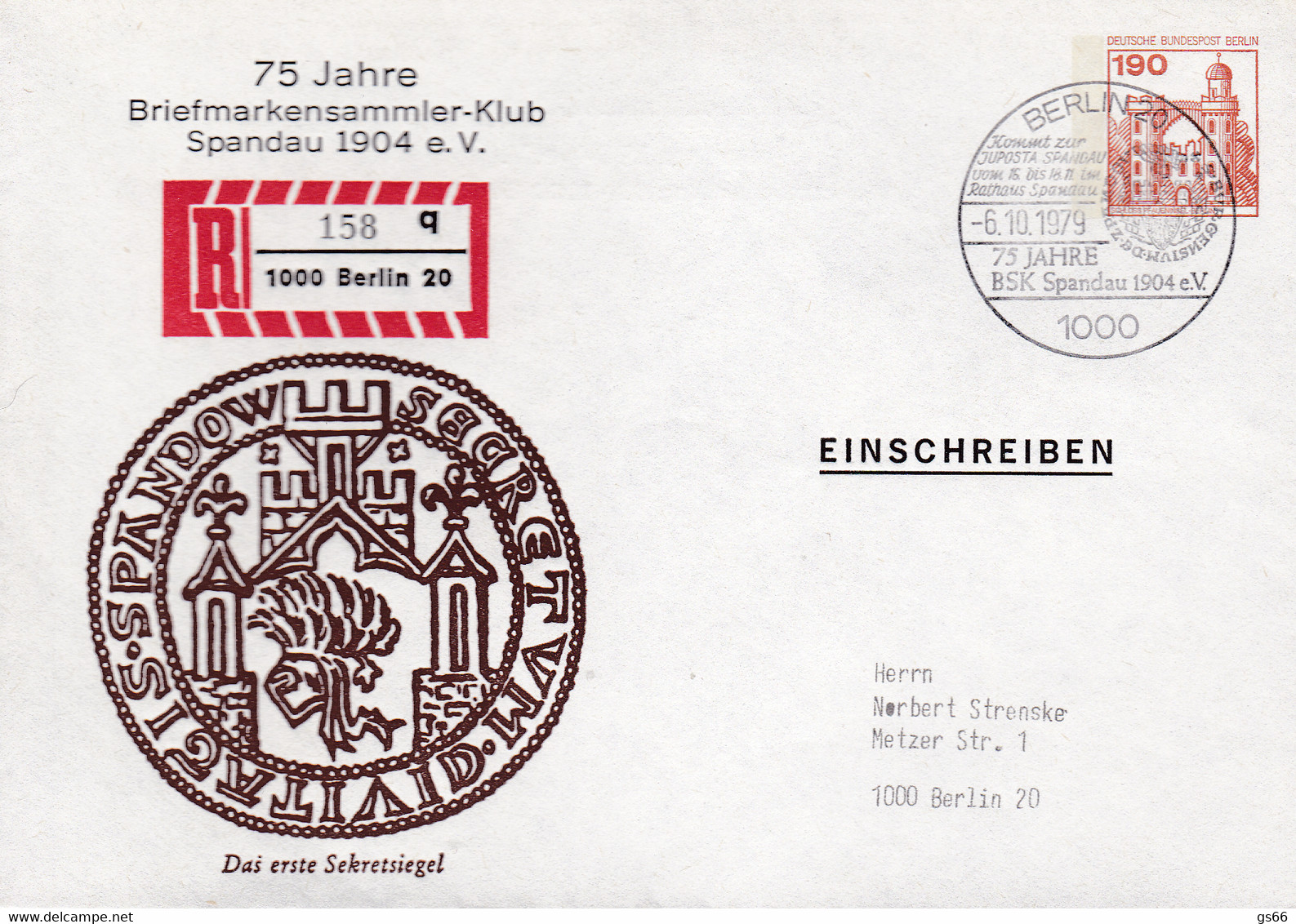 Berlin, PU 080 2/001, Briefmarkensammler-Klub Spandau, Eingedruckter R-Zettel, Nr. 158 Q - Privatumschläge - Gebraucht