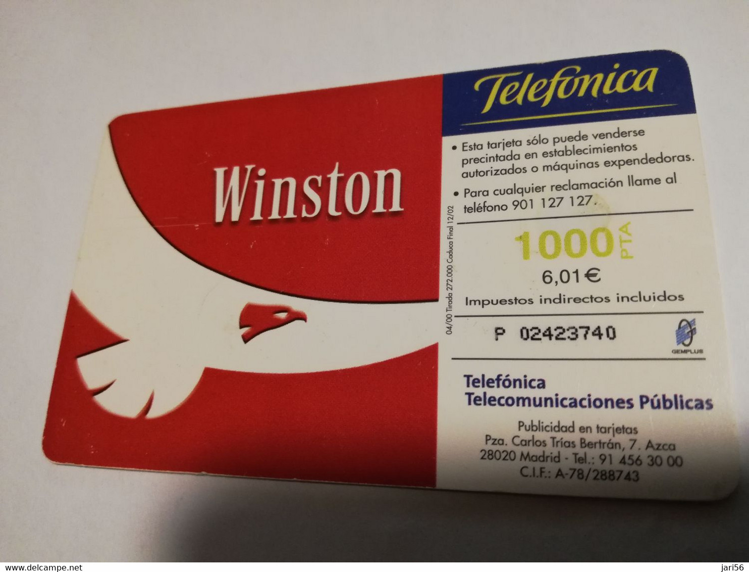 SPAIN/ ESPANA   1000pta WINSTON CIGARETTES / BIRD  Nice  Fine Used  CHIP CARD  **3907** - Privé-uitgaven