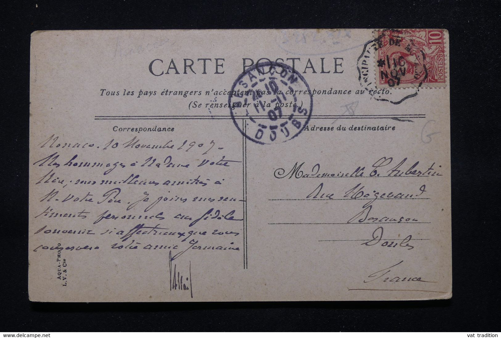 MONACO - Cachet Ondulé " Principauté De Monaco " Sur Prince Albert 1er Sur Carte Postale En 1907 Pour Besançon - L 79104 - Storia Postale