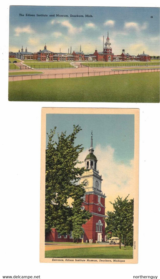 2 Different DEARBORN, Michigan, USA, Edison Institute, Old Linen Postcard - Dearborn