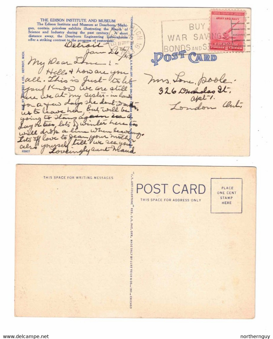 2 Different DEARBORN, Michigan, USA, Edison Institute, Old Linen Postcard - Dearborn