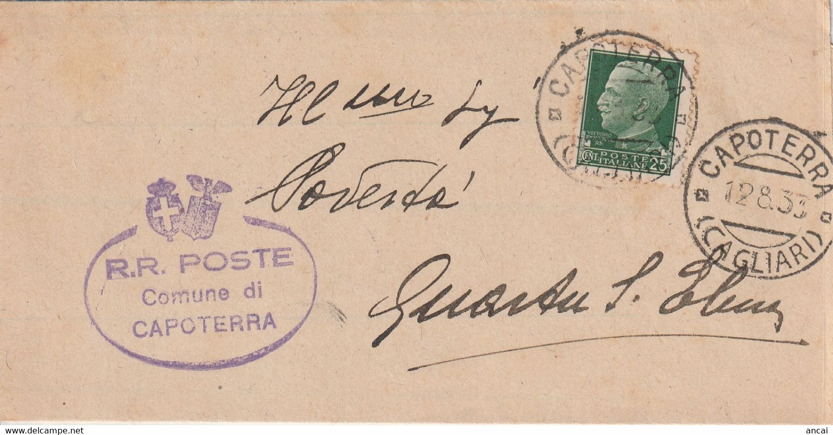 A21. Capoterra. 1933. Annullo Guller CAPOTERRA (CAGLIARI) + Ovale COMUNE DI CAPOTERRA, Su Lettera Per Quartu S. Elena - Storia Postale