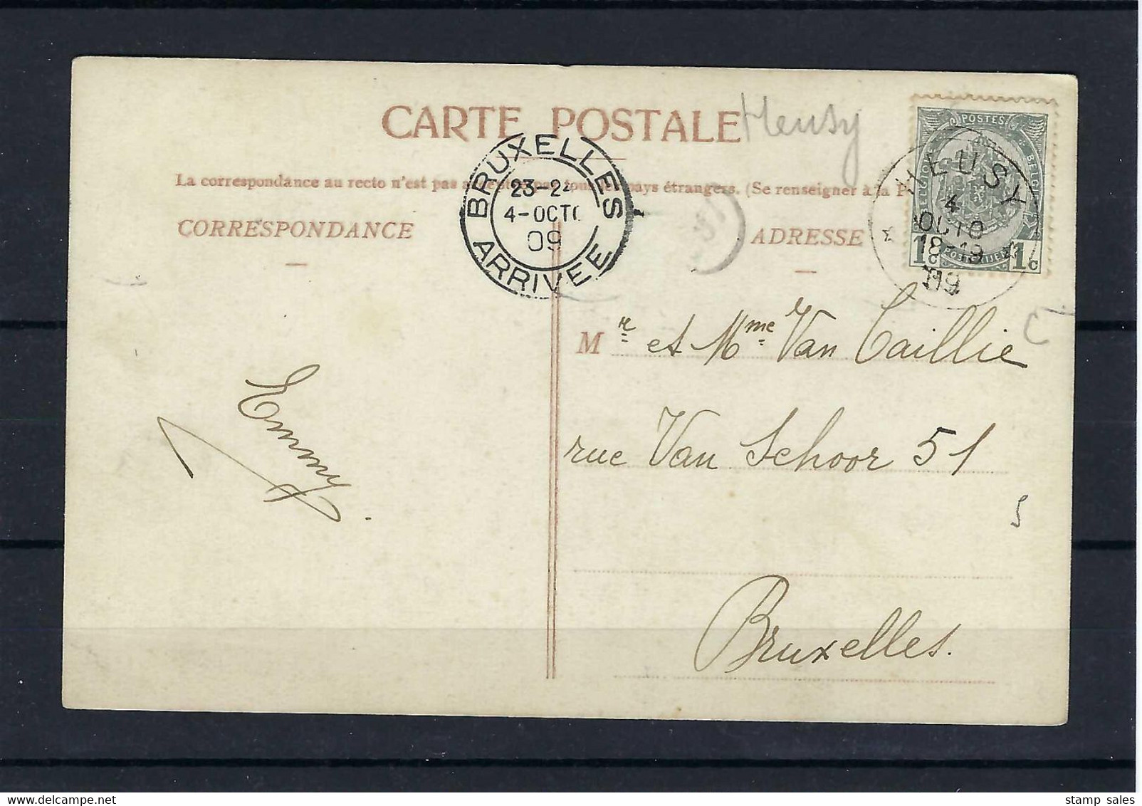 N°81 OP KAART GESTEMPELD *Heusy* 1909 NAAR Bruxelles COBA € 15,00 - 1893-1907 Coat Of Arms