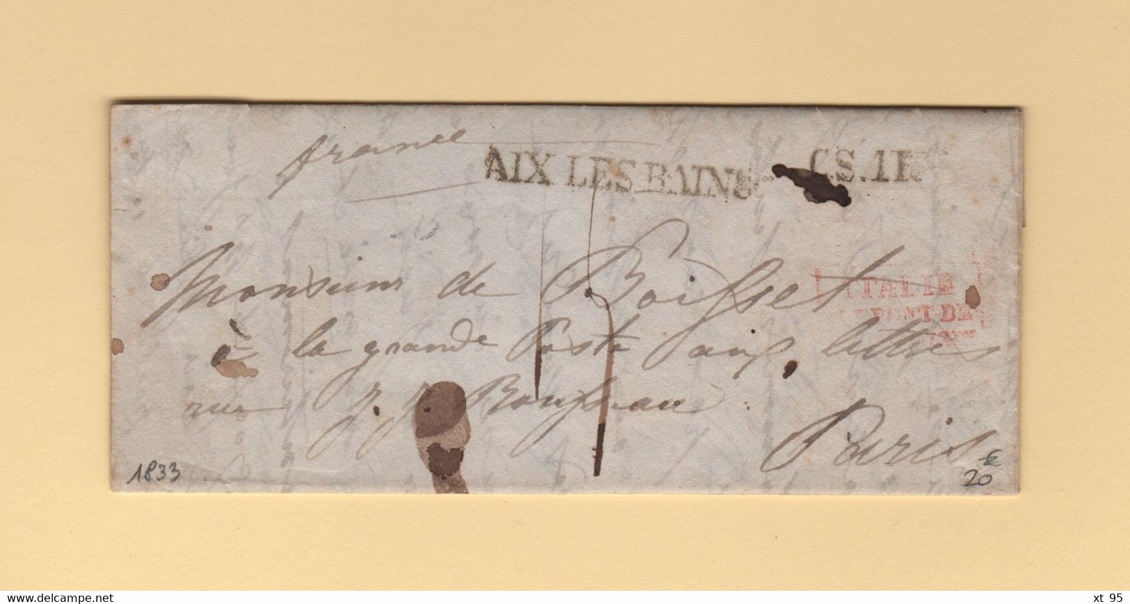 Aix Les Bains - Savoie - 1833 - Entree Italie Po,t De Beauvoisin - Pour Paris - 1801-1848: Vorläufer XIX