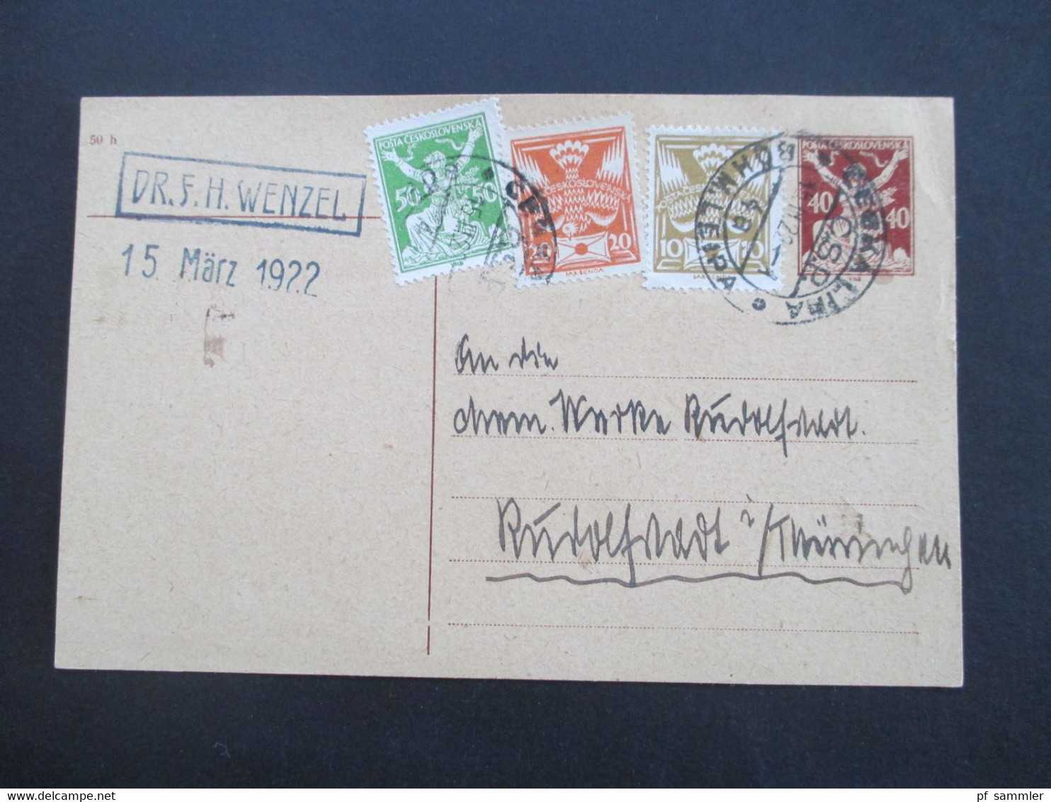 CSSR 1922 Ganzsache Mit 3 Zusatzfrankaturen Böhmisch Leipa Absender Dr. F.H. Wenzel Nach Rudolstadt Thüringen - Storia Postale