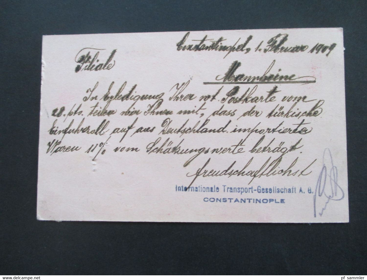 Türkei 1909 Ganzsache Der Internationale Transport Gesellschaft AG In Constantinople Nach Mannheim Gesendet - Cartas & Documentos