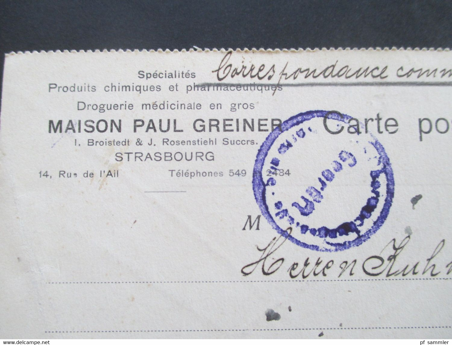 Frankreich / DR Elsass Firmen PK Maison Paul Greiner Strasbourg Mit Zensurstempel Geprüft Und Controle - Lettres & Documents