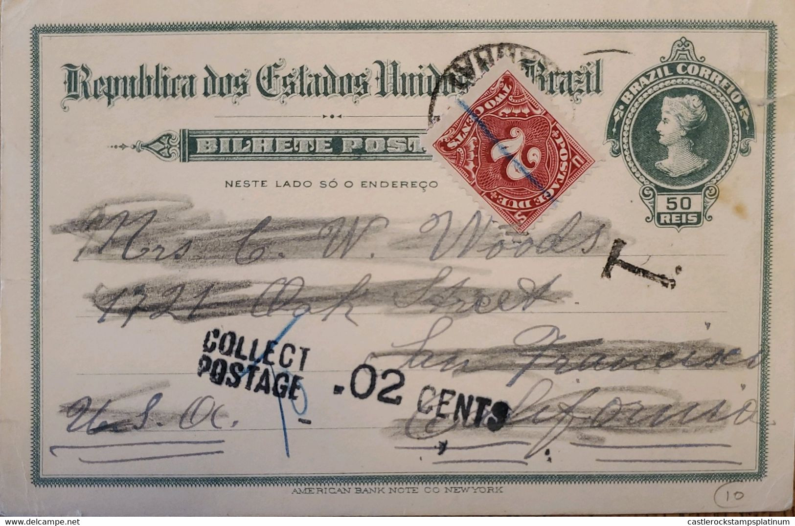 A) 1900 CIRCA, BRAZIL, POSTAL STATIONARY, COLLECT POSTAGE 2C, TAX, FROM RIO DE JANEIRO TO CALIFORNIA, LIBERTY STAMP, ABN - Other & Unclassified