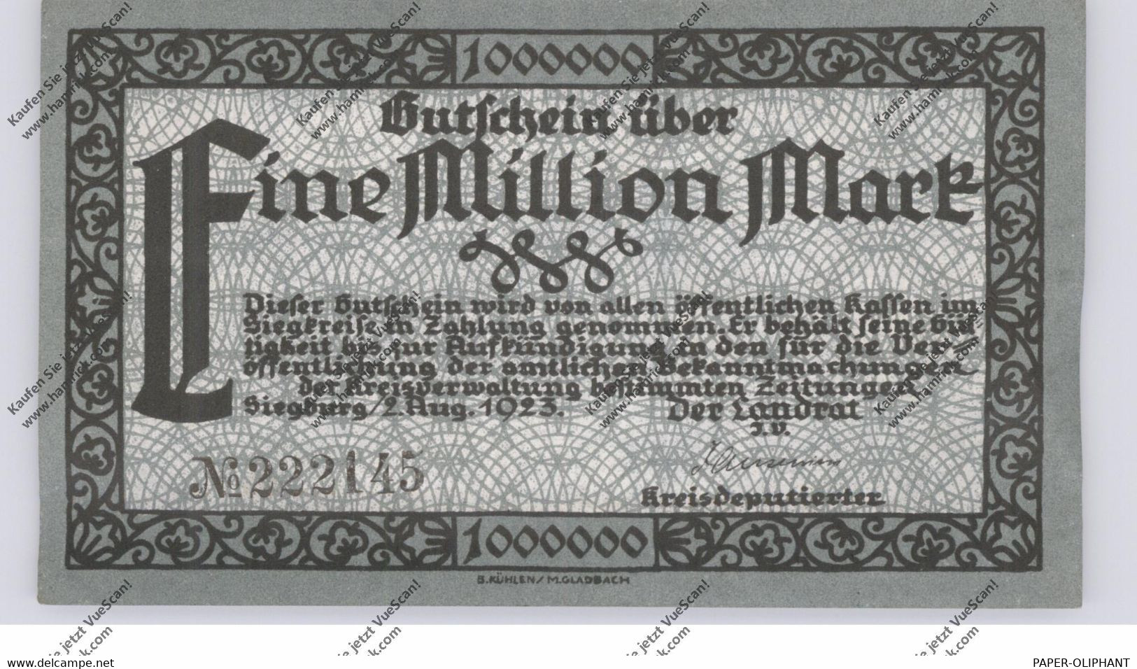 5200 SIEGBURG, Notgeld 1923, 1 Million Mark, Kreisverwaltung, Gute Erhaltung - Siegburg