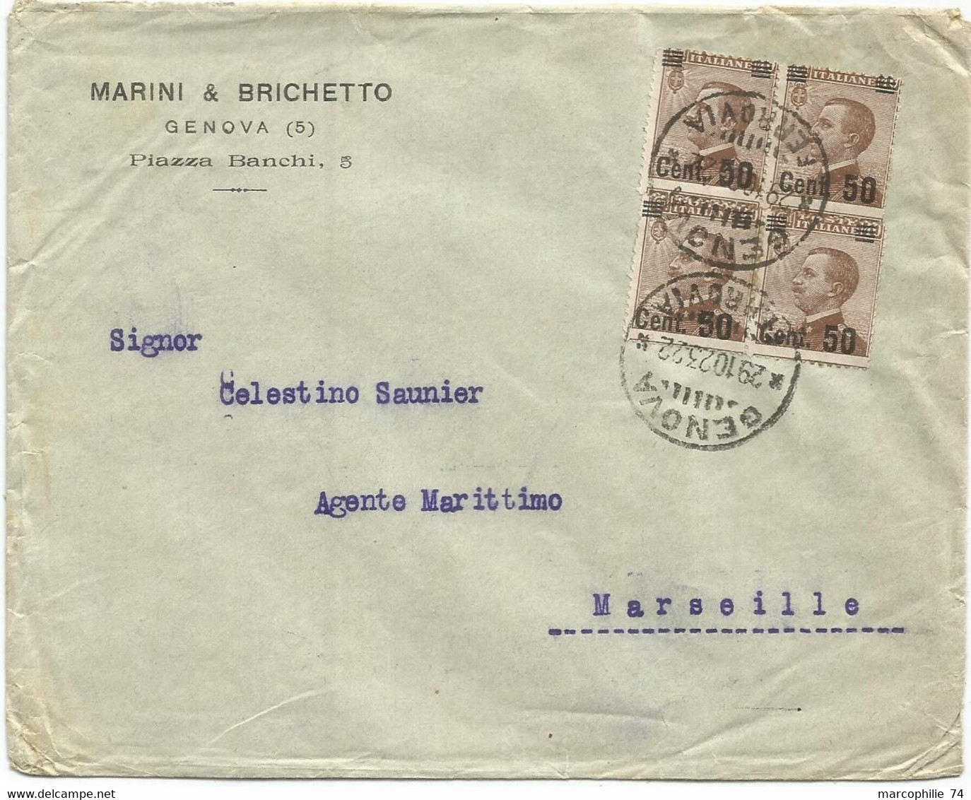 ITALIA 5C BLOC DE 4 LETTERA GENOVA 29.10.1923 FERROVIA TO FRANCE - Storia Postale