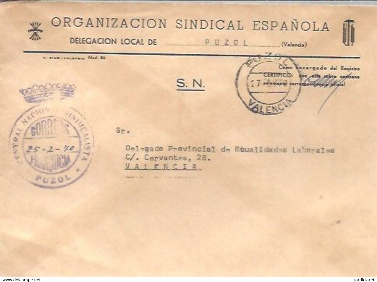 CENTRAL NACIONAL  SINDICALISTA  1970   PUZOL - Postage Free