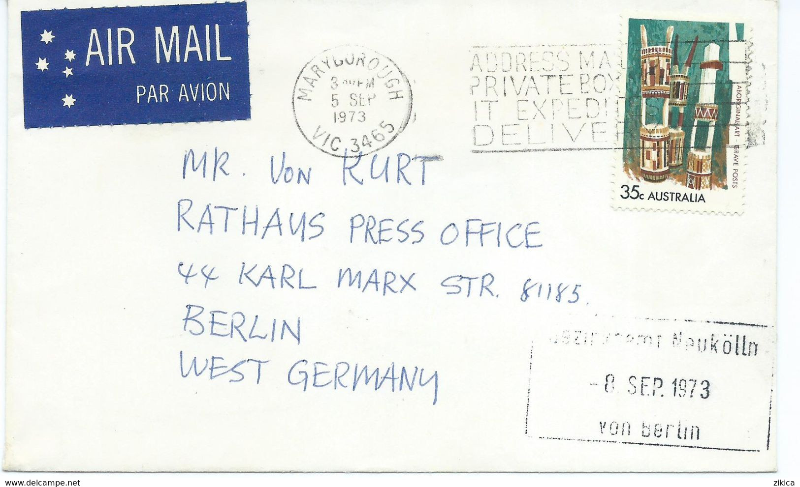 Australia Maryborough Letter Via Germany 1973 - Machine Stamp & Stamp Motive : 1971 Art Of Australian Aborigines - Covers & Documents