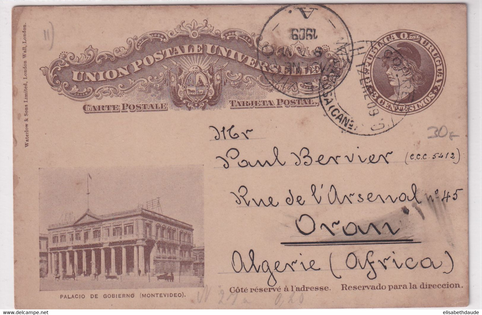 URUGUAY - 1909 - SUPERBE CARTE ENTIER POSTAL ILLUSTREE De SANTA ROSA => ORAN (ALGERIE) ! - Uruguay