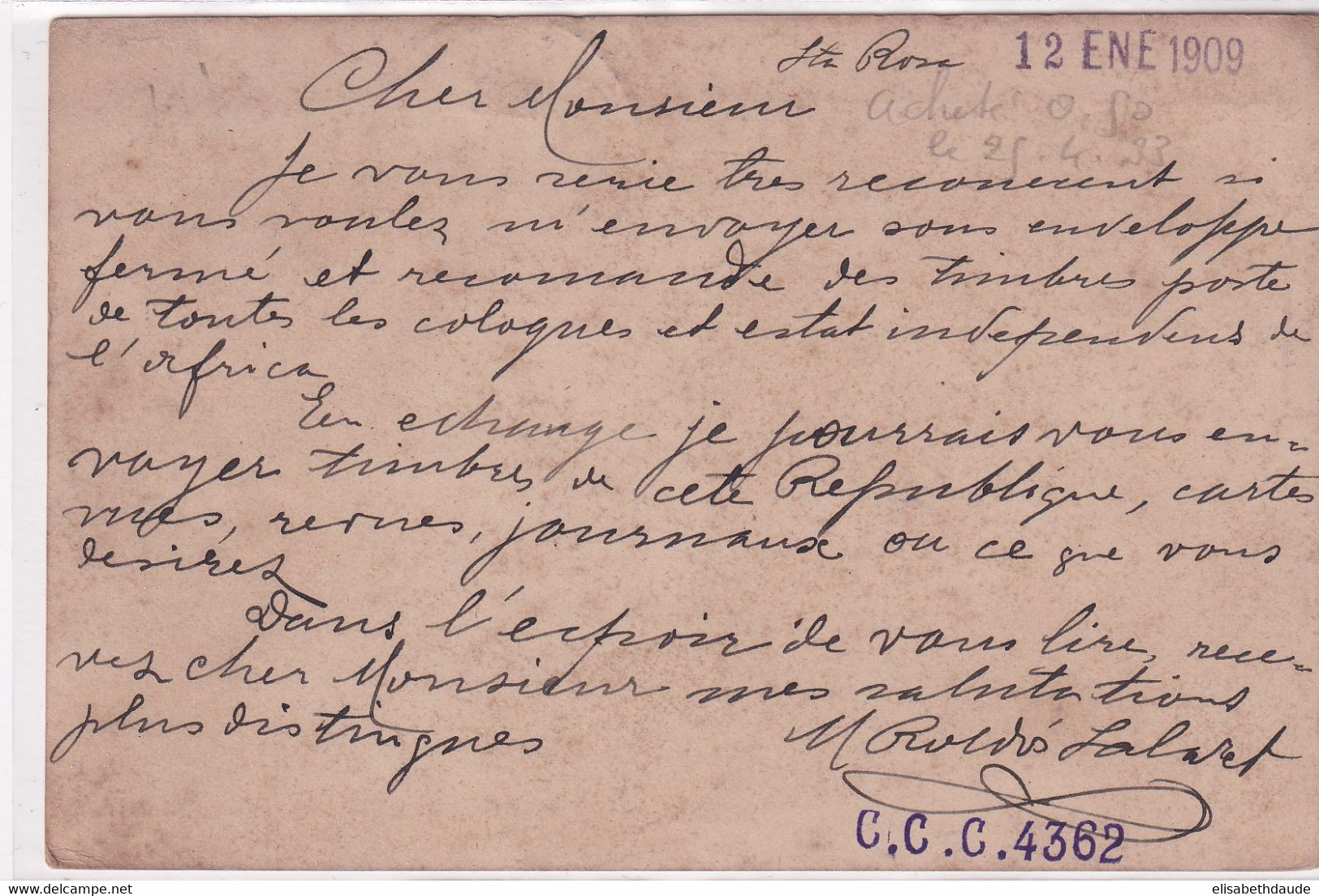 URUGUAY - 1909 - SUPERBE CARTE ENTIER POSTAL ILLUSTREE De SANTA ROSA => ORAN (ALGERIE) ! - Uruguay