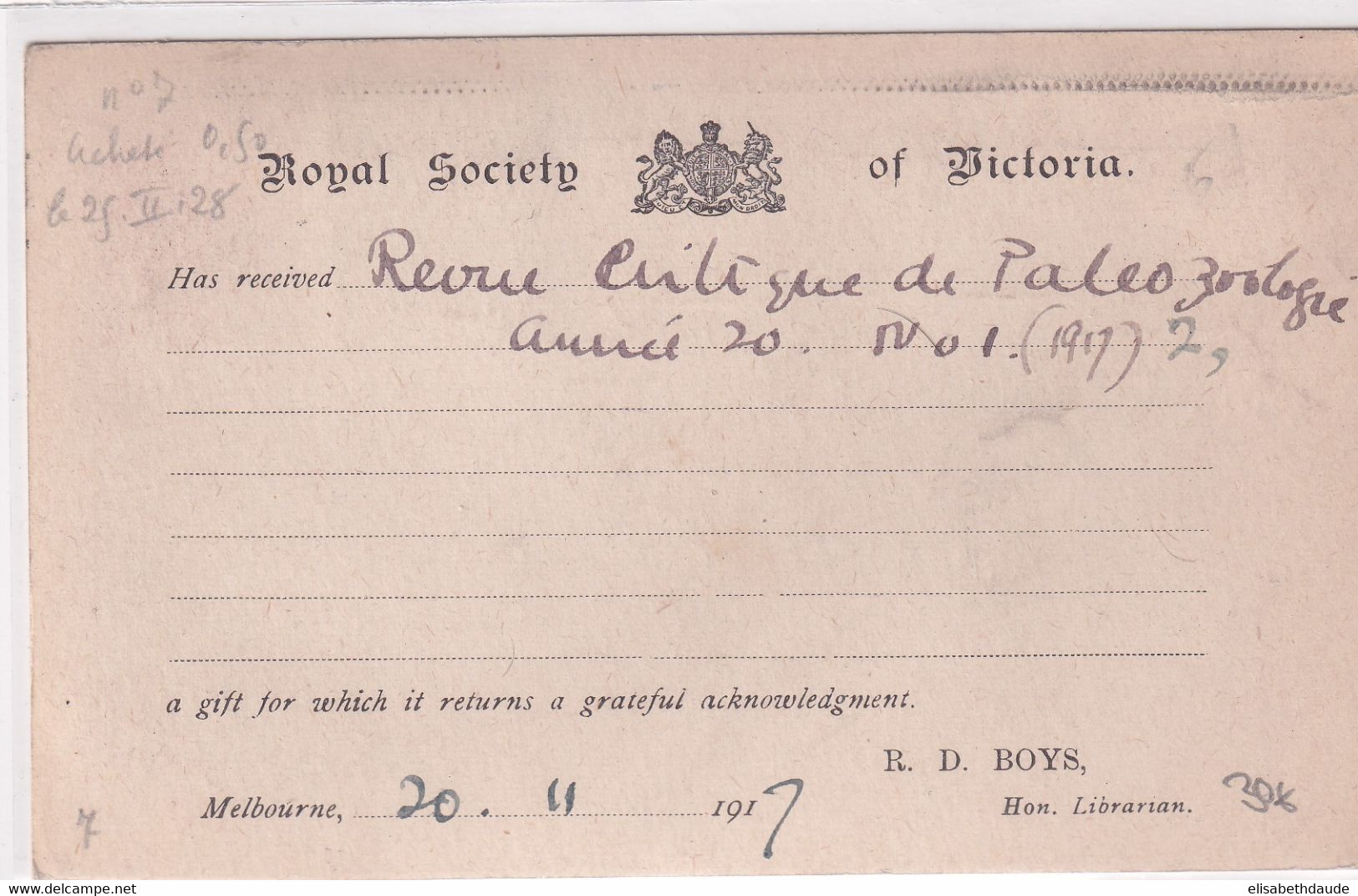 AUSTRALIA - 1917 - CP ENTIER POSTAL Avec REPIQUAGE PRIVEE De La ROYAL SOCIETY OF VICTORIA + CENSURE MELBOURNE => PARIS - Postwaardestukken