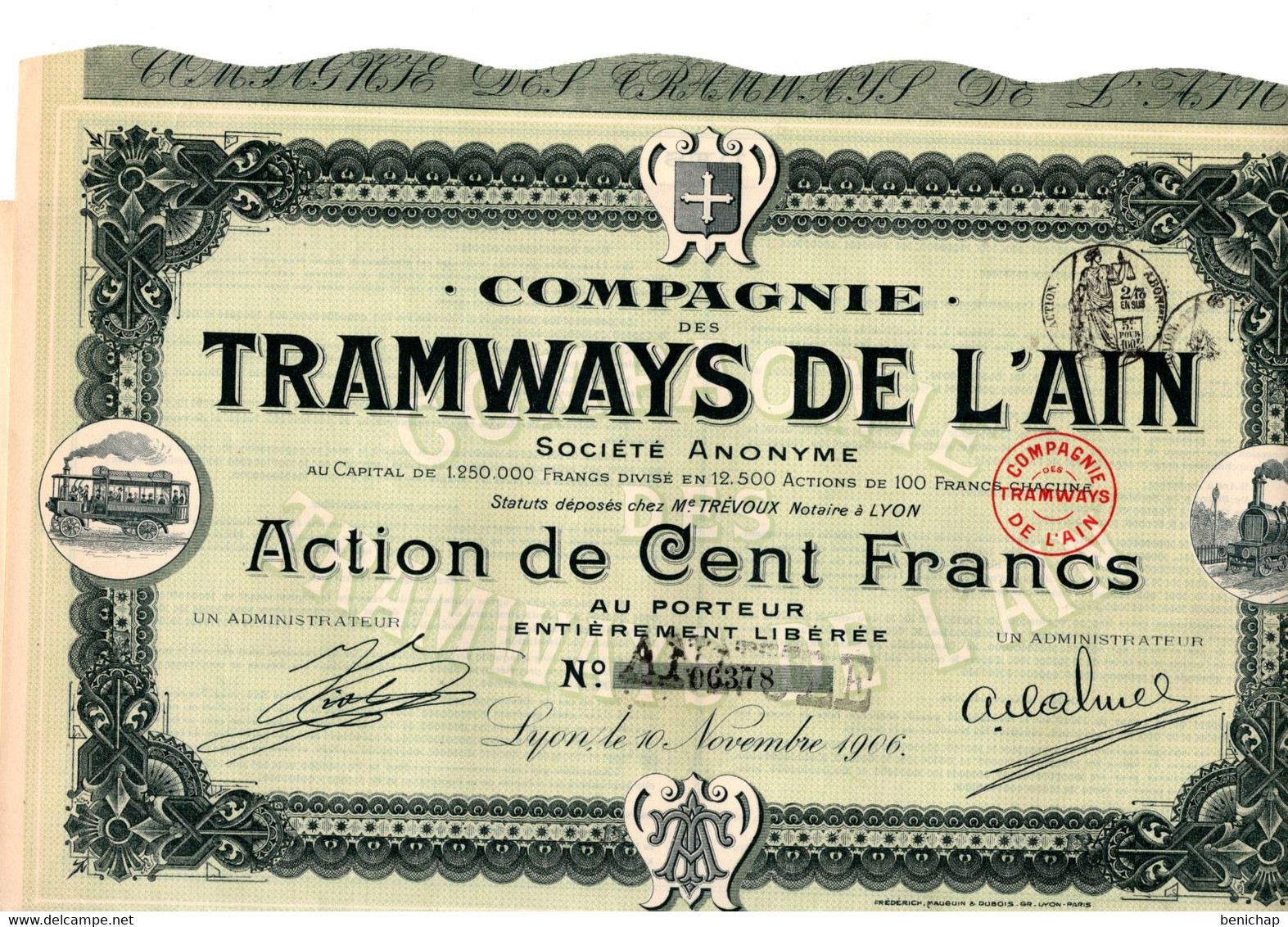 Action De 100 Frcs Au Porteur - Compagnie Des Tramways De L'Ain S.A. - Lyon 1906. - Spoorwegen En Trams