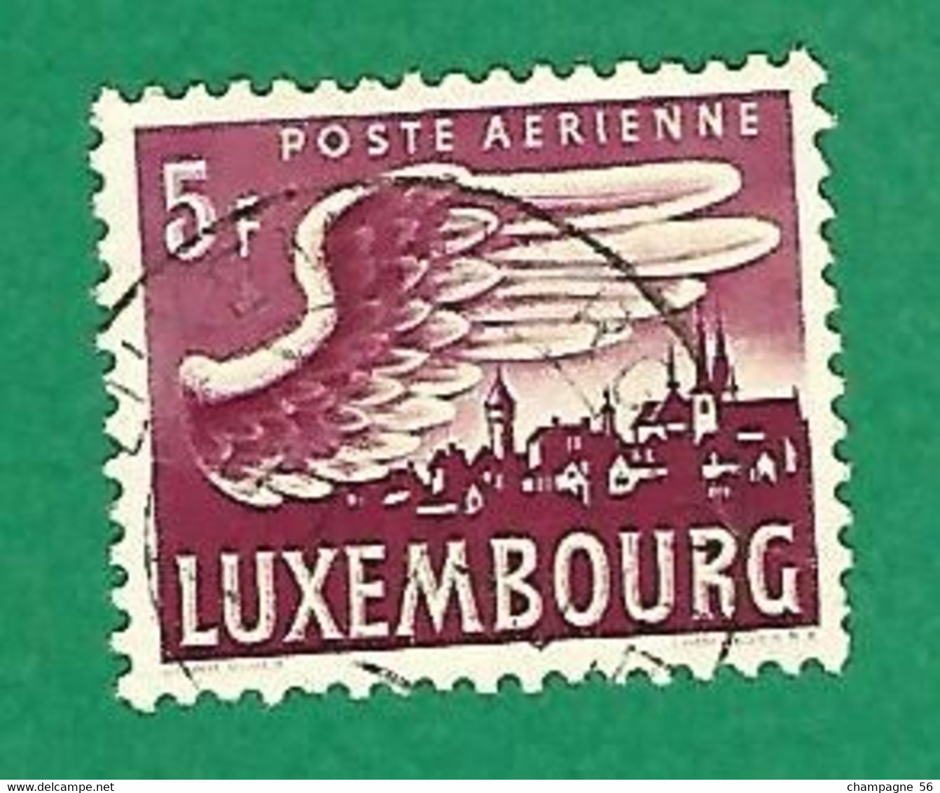 LUXEMBOURG POSTE AÉRIENNE 1946 N° 11 VUE DE LUXEMBOURG 5 F LIE DE VIN  OBLITÉRÉ DOS CHARNIÈRE LUXEMBOURG - Gebruikt