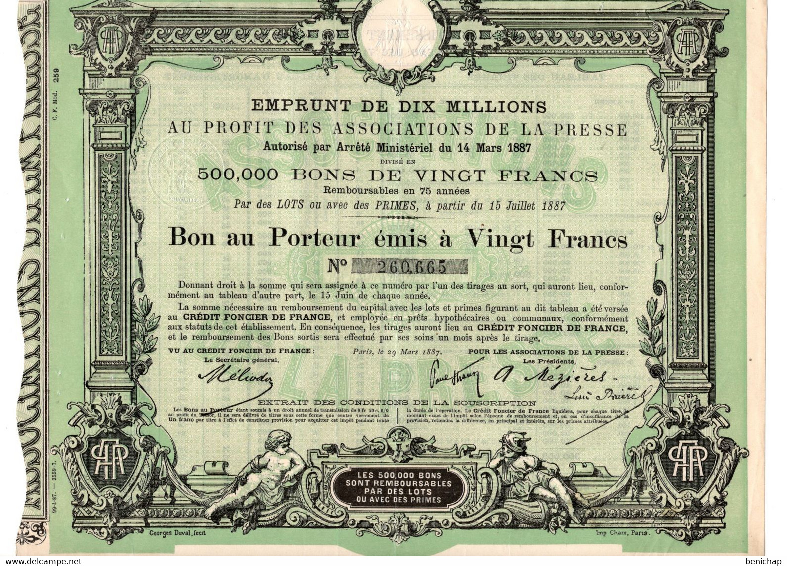 Emprunt De 10 Millions - Bon Au Porteur émis à 20 Frcs - Association De La Presse - Paris 1887. - Bank & Versicherung