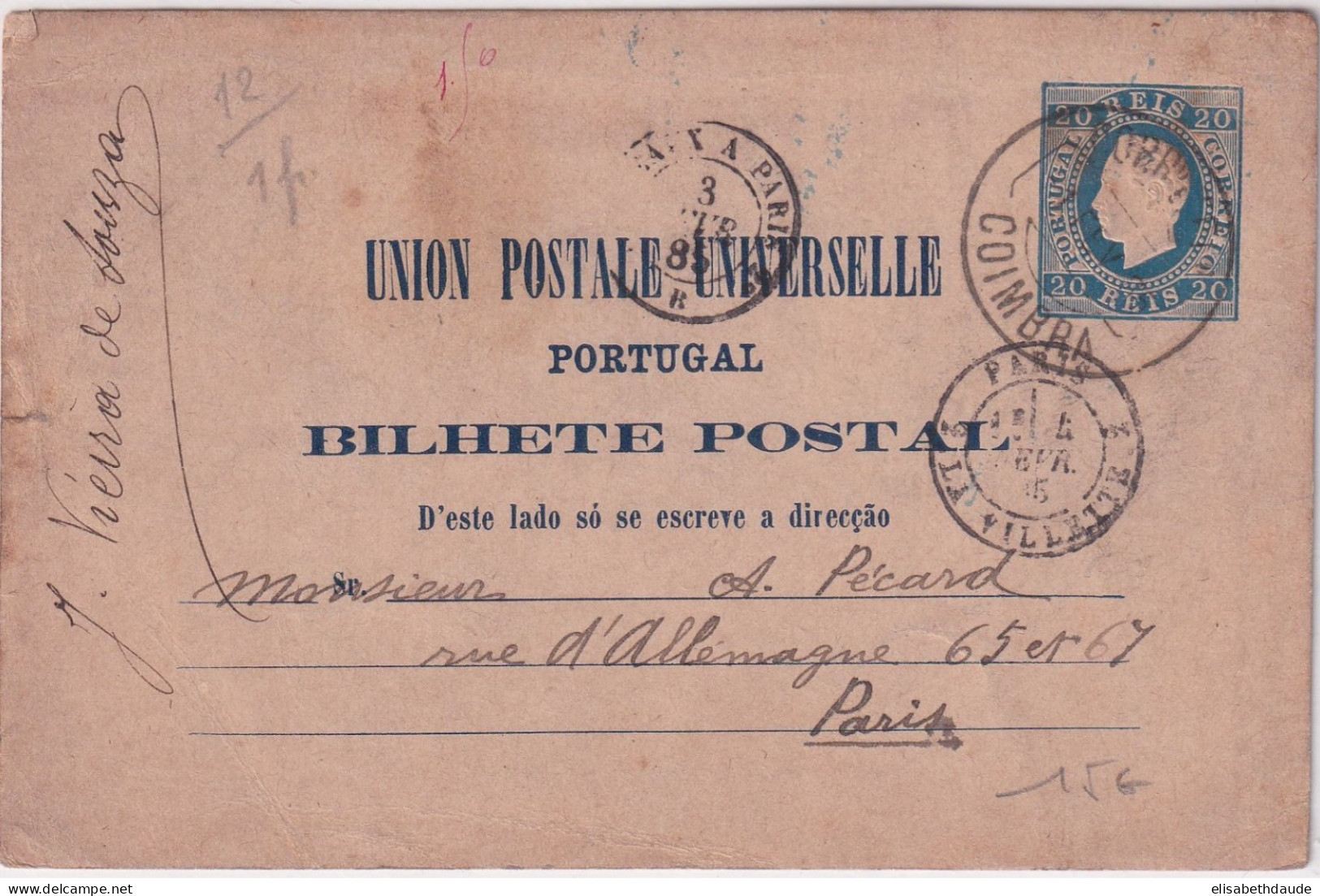 PORTUGAL - 1885 - CP ENTIER POSTAL De COIMBRA => PARIS - Entiers Postaux