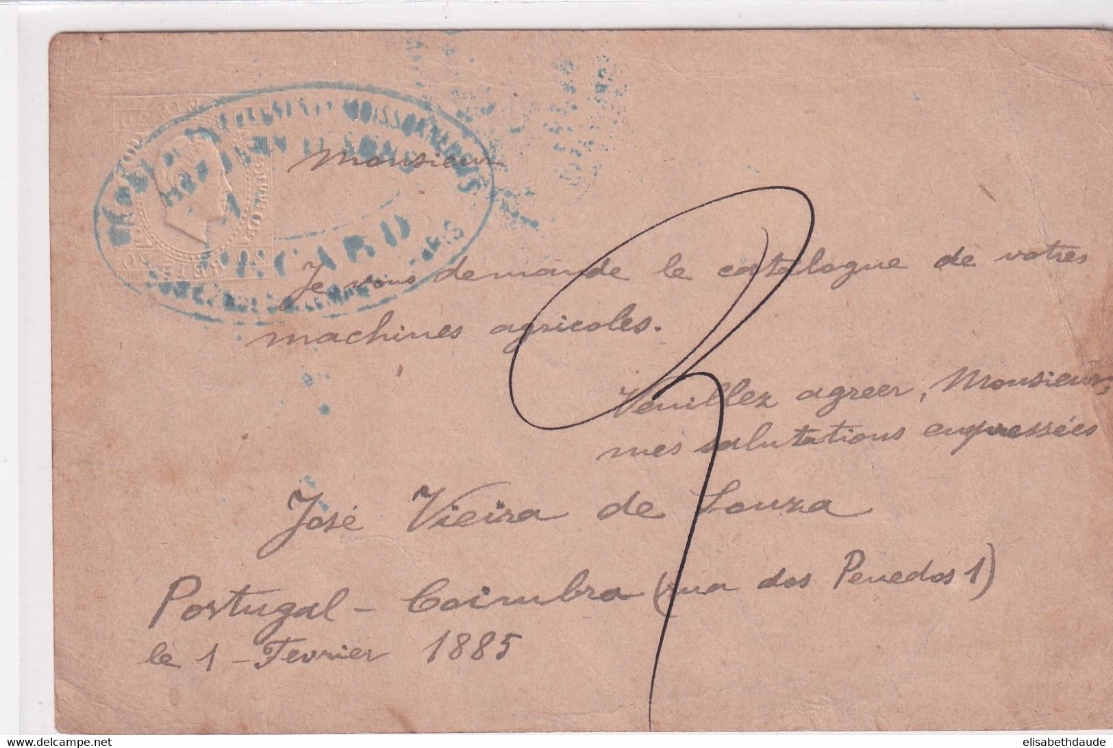 PORTUGAL - 1885 - CP ENTIER POSTAL De COIMBRA => PARIS - Postal Stationery