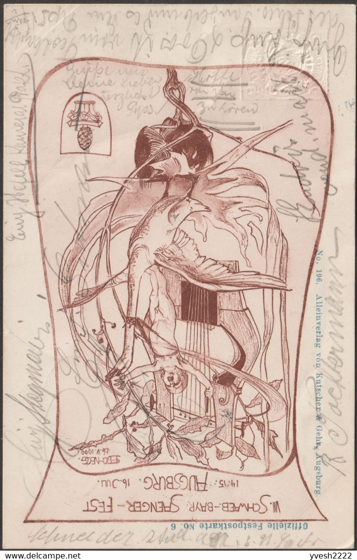 Bavière 1900. C Cartes Entiers Postaux Timbrés Sur Commande. Fête De La Chanson à Augsburg : Ange Chanteur, Lyre, Oie - Geese