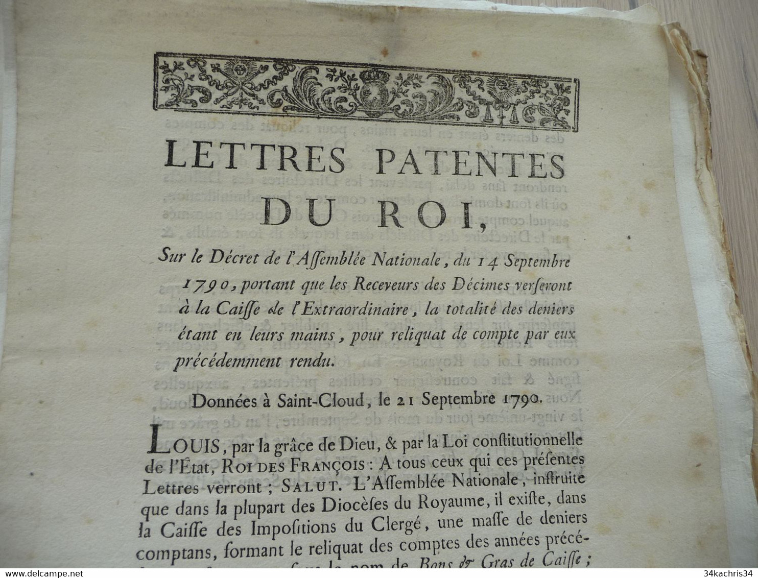 Lettres Patente Du Roi 21/09/1790 Receveurs Des Décimes Impôts - Gesetze & Erlasse
