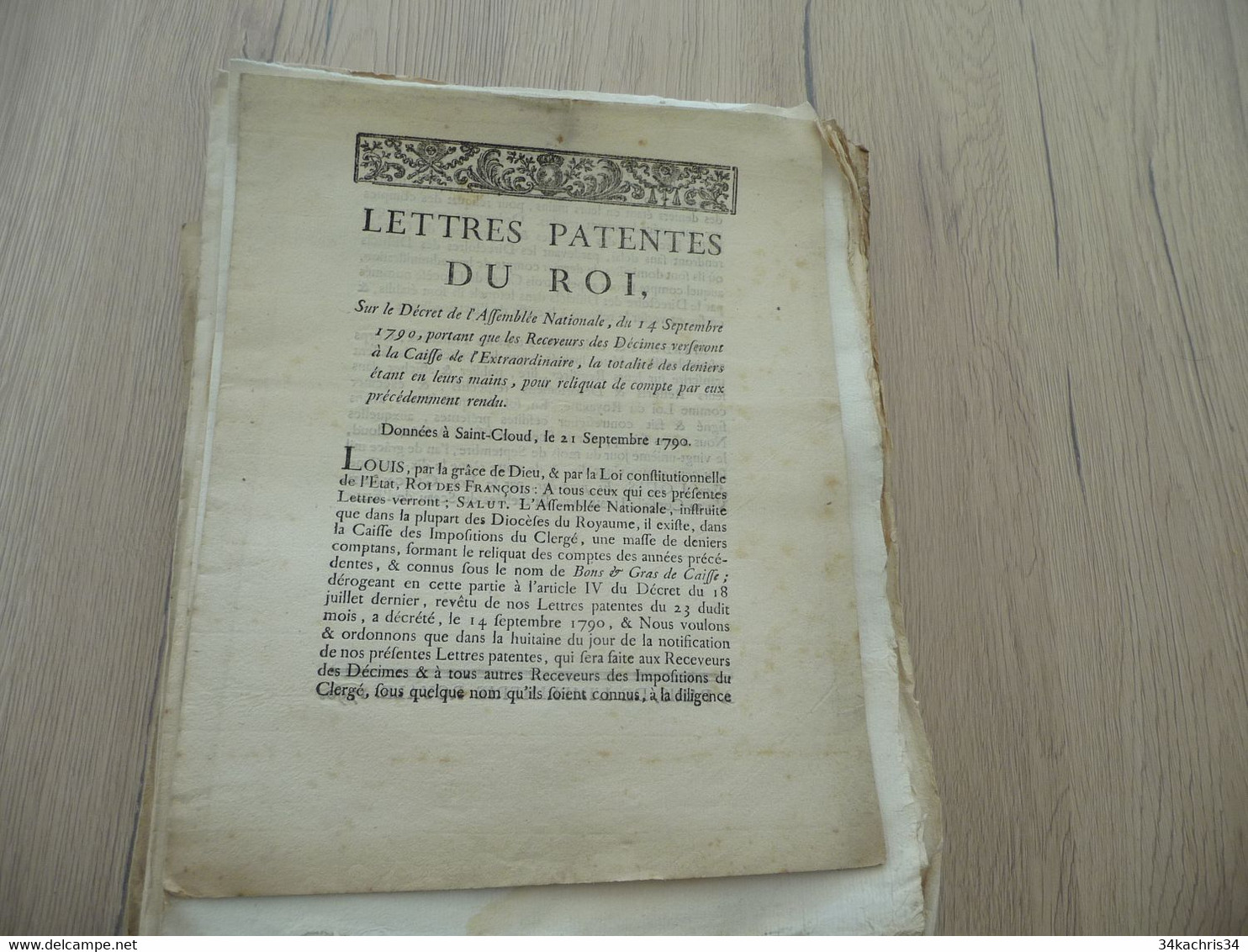 Lettres Patente Du Roi 21/09/1790 Receveurs Des Décimes Impôts - Gesetze & Erlasse