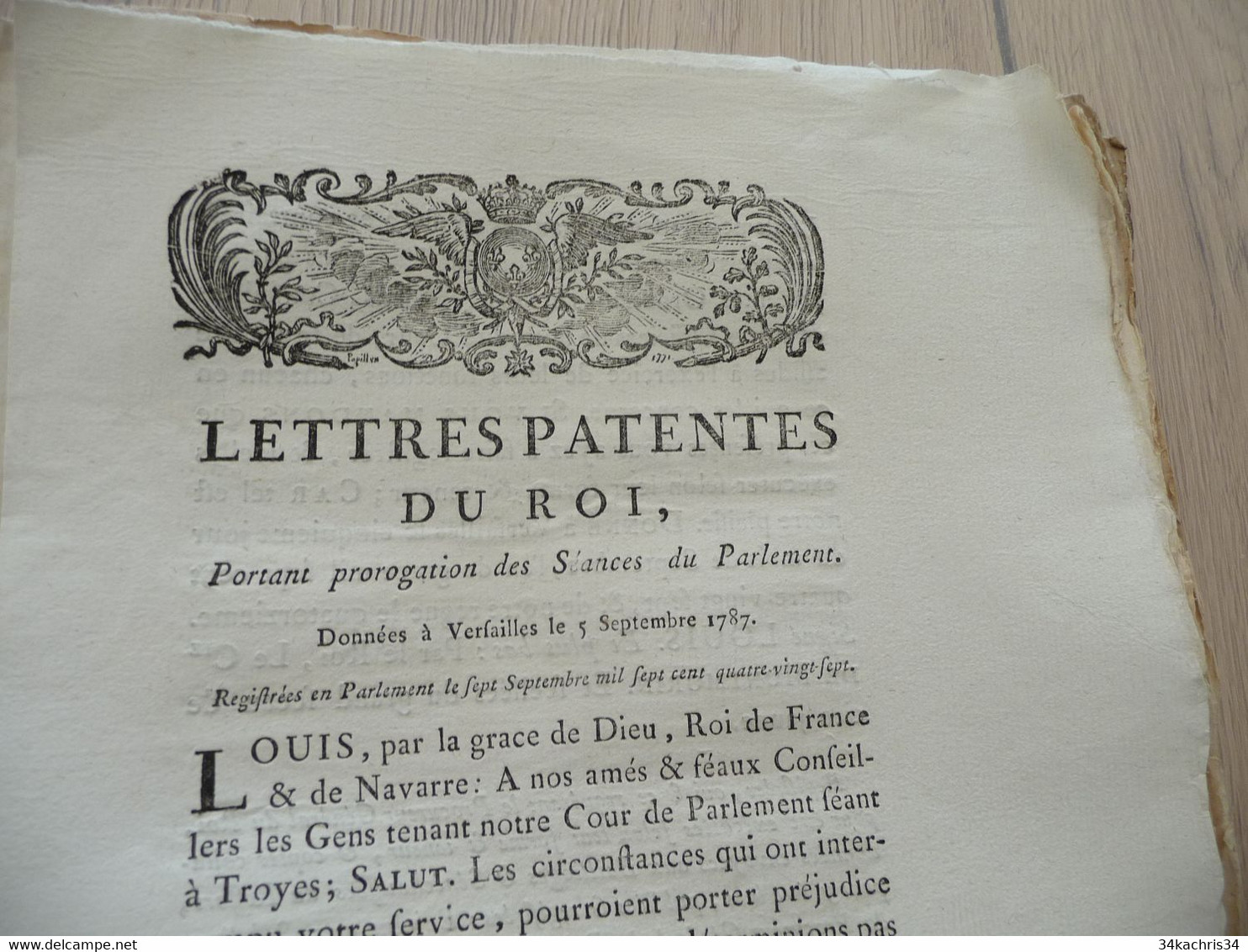 Lettres Patente Du Roi 05/09/1787 Prorogation Séances Du Parlement Mouillures - Wetten & Decreten