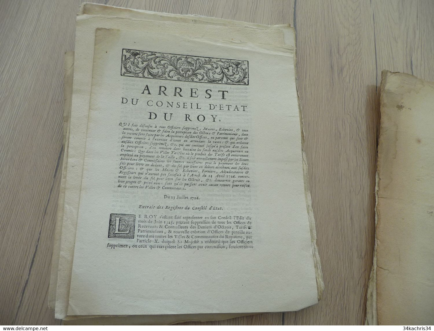 Arrest Du Conseil D'état Du Roi 23/07/1726 Octrois - Decrees & Laws