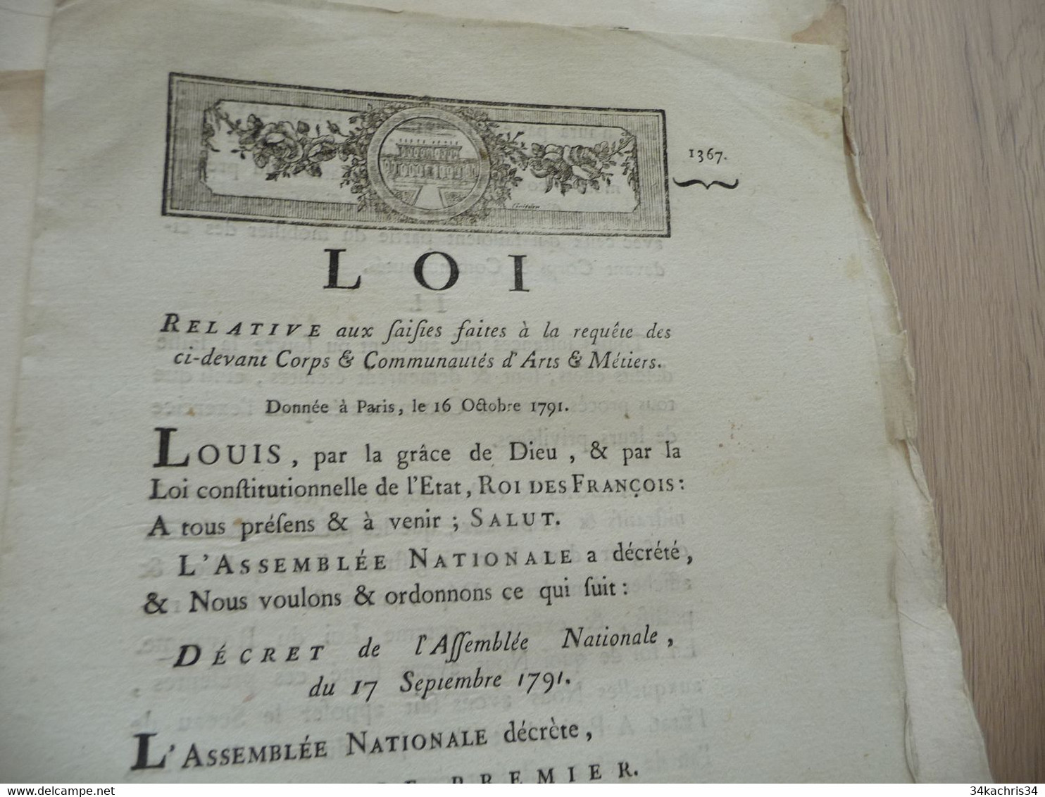 Loi 16/10/1791 Relative Aux Saisies Faites à La Requête Des Communautés Des Arts Et Métiers - Decreti & Leggi
