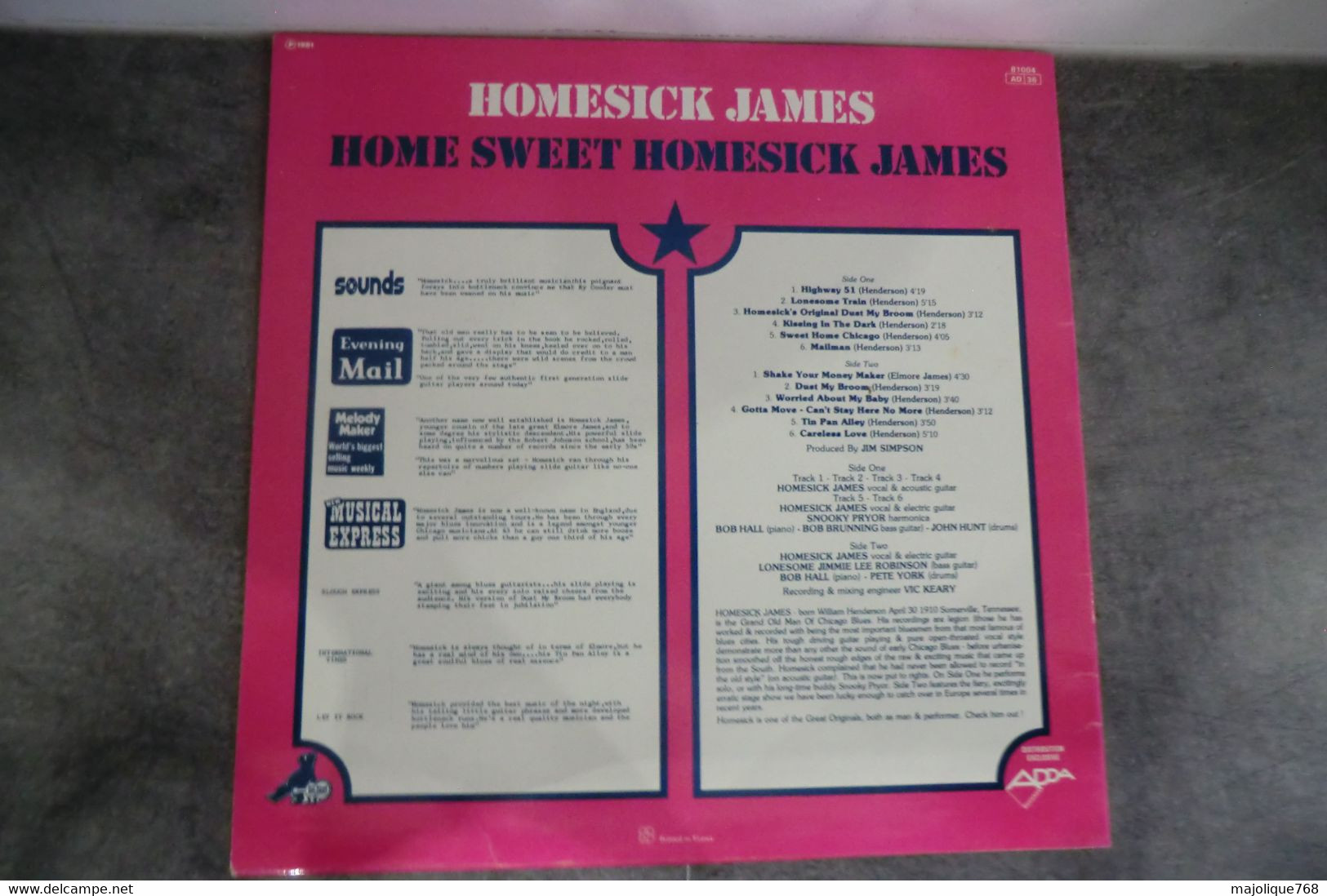 Disque De Homesick James - Home Sweet Homesick James - Big Bear Records 81004 - France 1981 - Blues