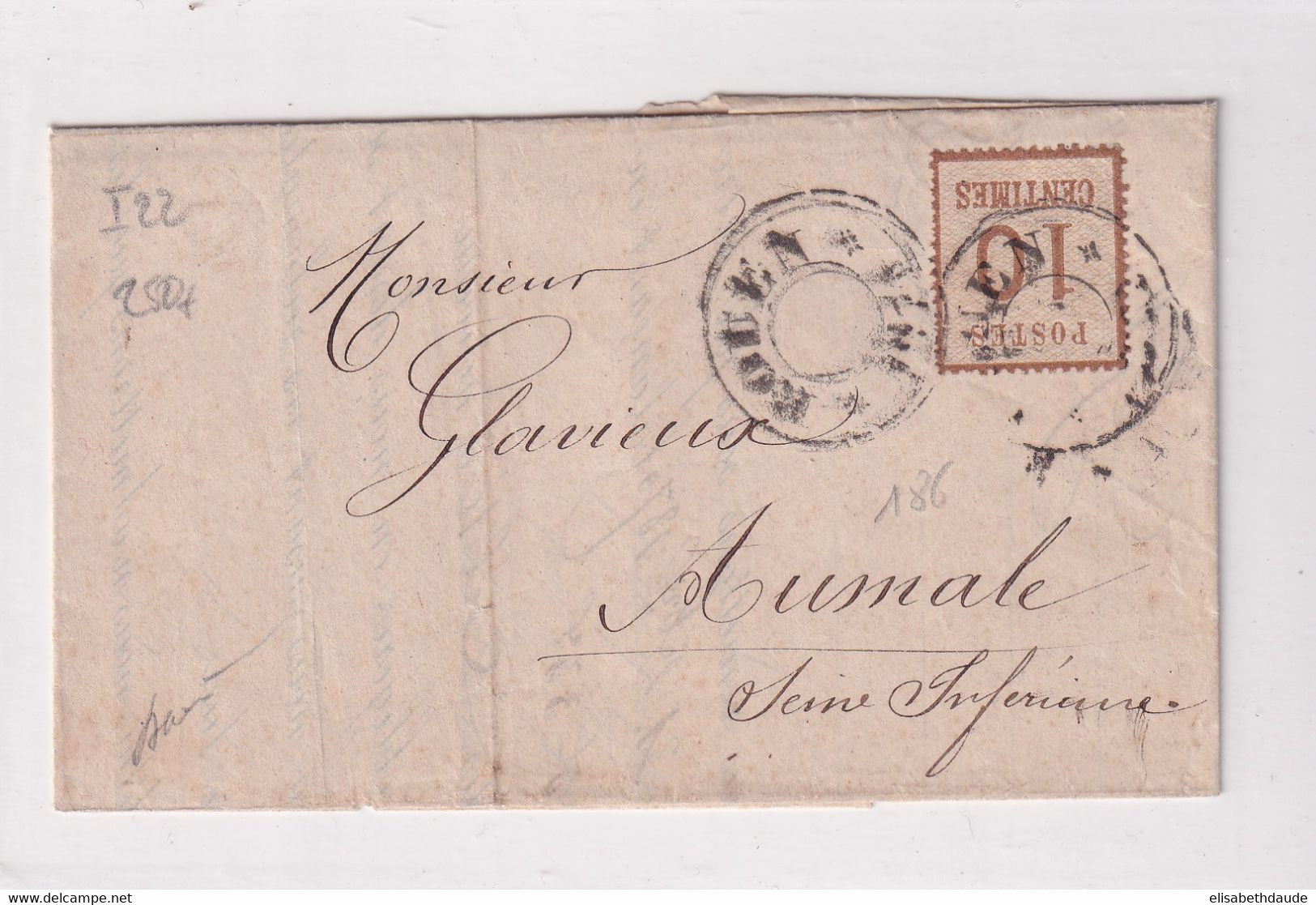 1871 - TIMBRE ALSACE LORRAINE Sur LETTRE De ROUEN (SEINE INFERIEURE) CACHET PROVISOIRE RARE ! => AUMALE - War 1870