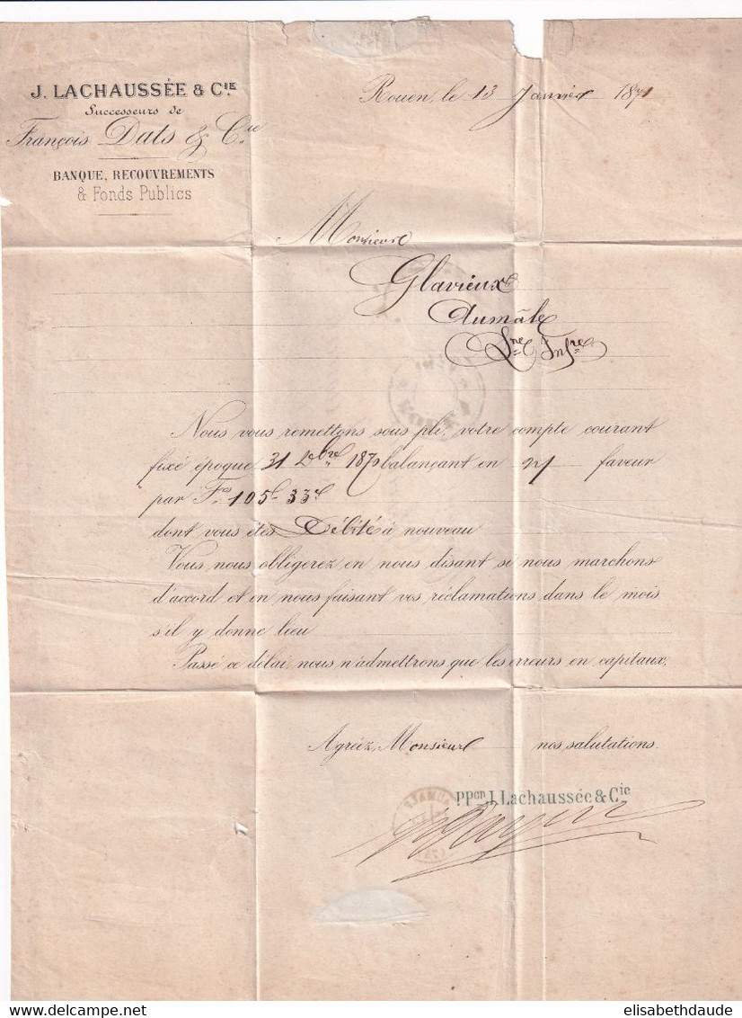 1871 - TIMBRE ALSACE LORRAINE Sur LETTRE De ROUEN (SEINE INFERIEURE) CACHET PROVISOIRE RARE ! => AUMALE - Guerre De 1870