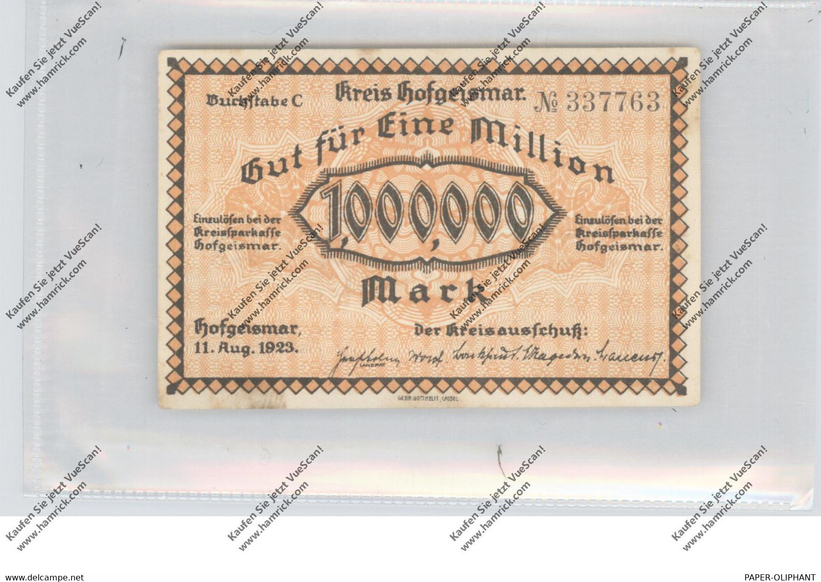 3520 HOFGEISMAR, Notgeld 1923, 100.000 Mark, Kreisausschuß - Hofgeismar